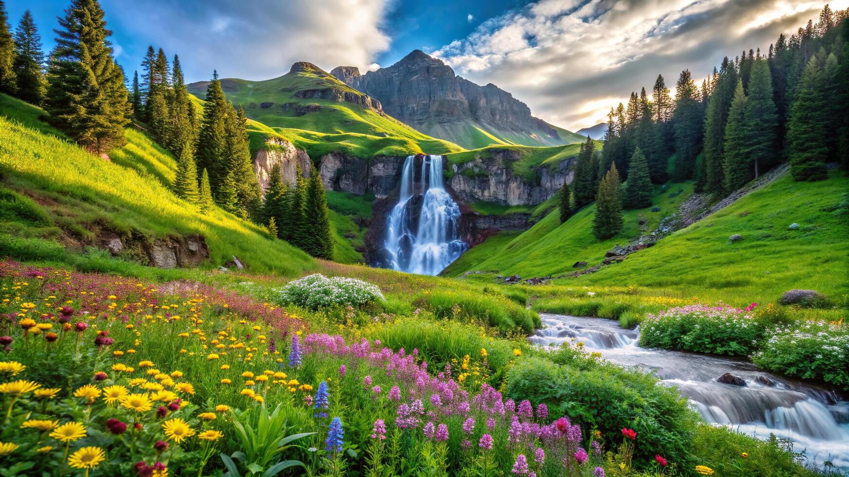 nature, trees, framed, beautiful, meadow, lush, A serene green mountain meadow with a cascading waterfall in the background surrounded by vibrant wildflowers and framed by lush trees photo