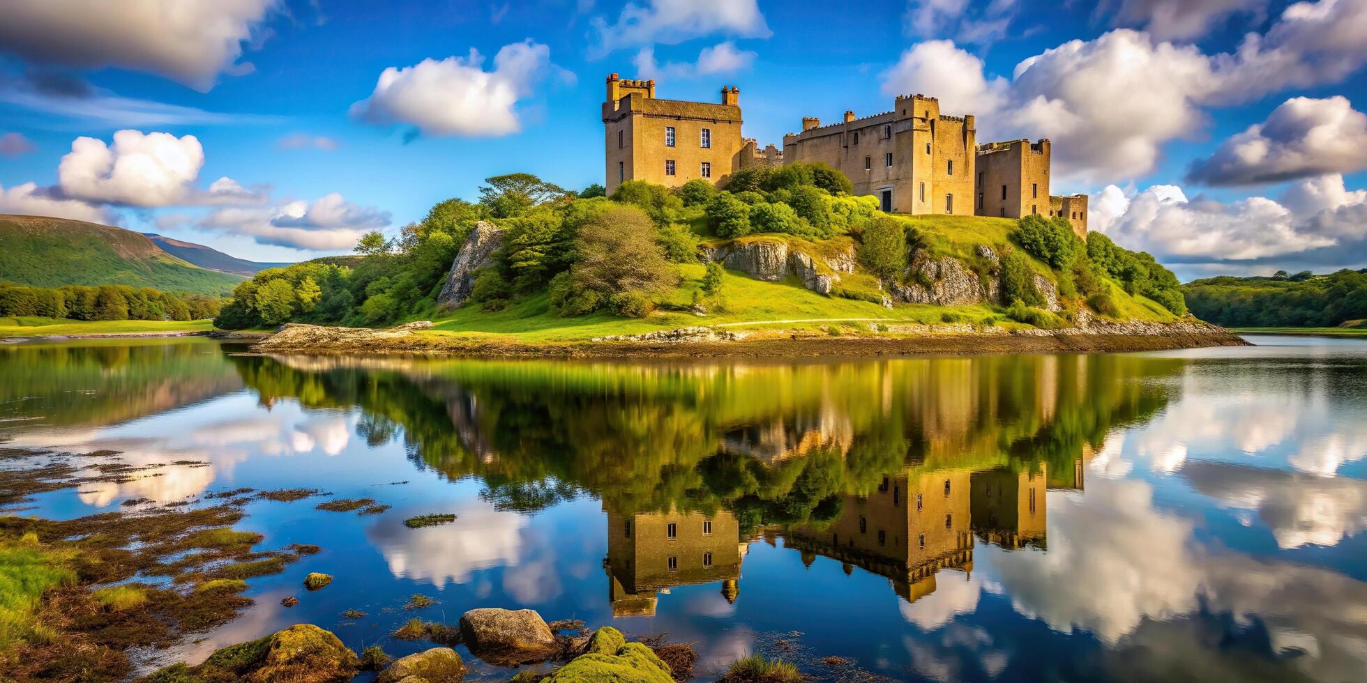 Dunvegan Castle on the Isle of Skye Scotland a symmetrical image of the majestic castle reflected in the calm waters, reflection, Isle, tourist attraction, castle, outdoor, beautiful photo