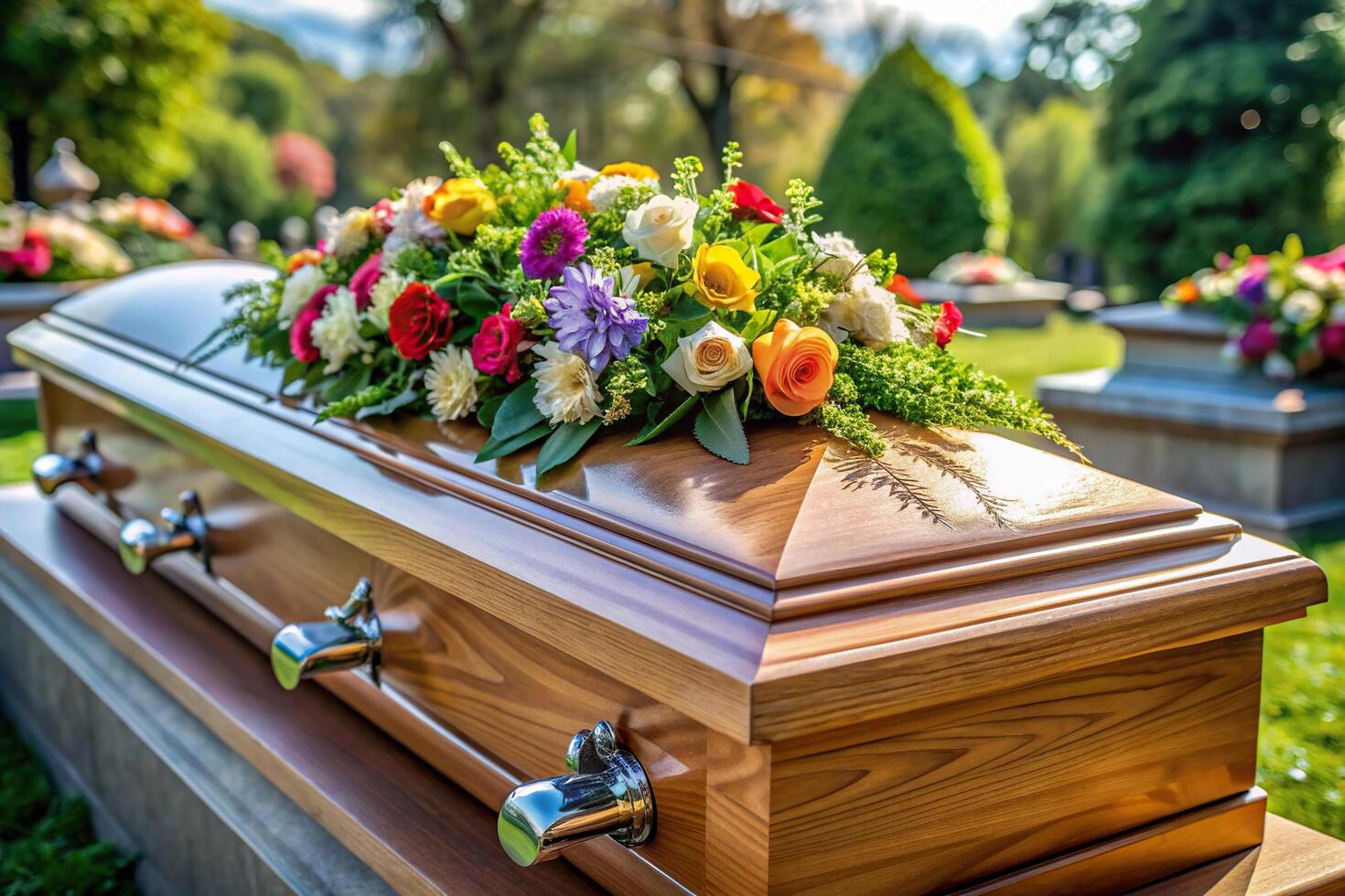 A partially open asymmetrical coffin with a floral decoration on top prepared to be buried in a cemetery, asymmetrical, burial rituals, burial, cemetery, funeral, casket, dark photo