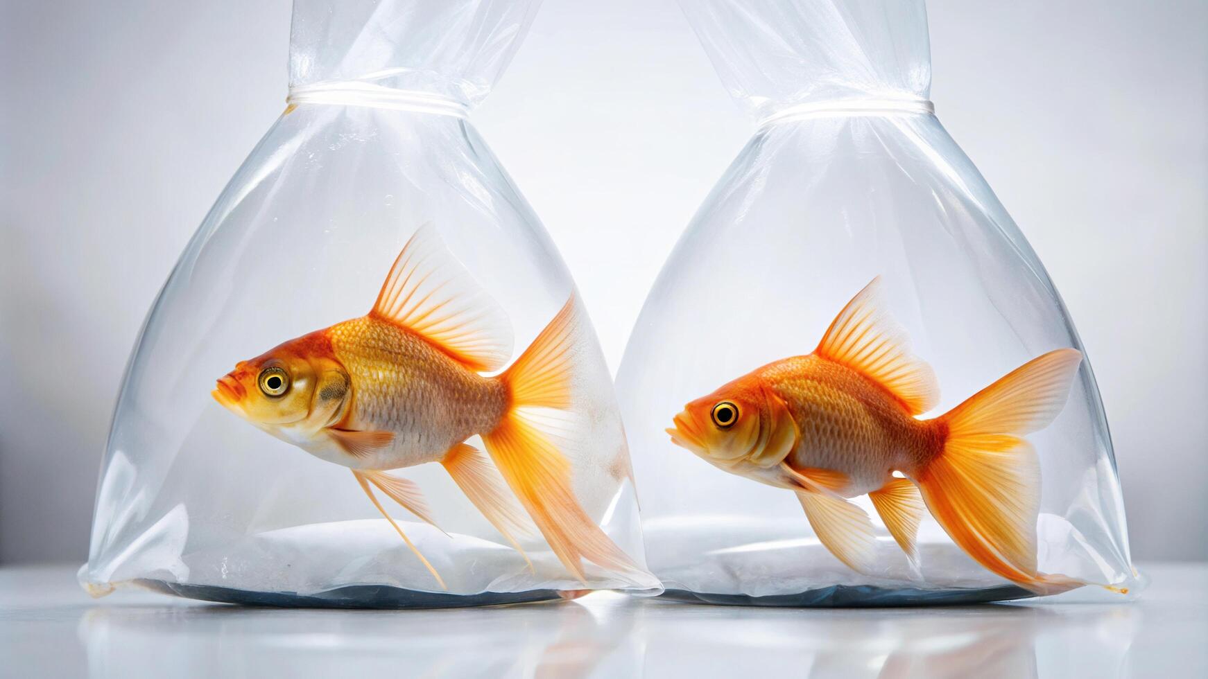 Pair of goldfish swimming in a transparent water packet against a white background with a shallow Depth of Field, bubble, pet, goldfish, aquatic, fish,underwater, two, background, packet photo