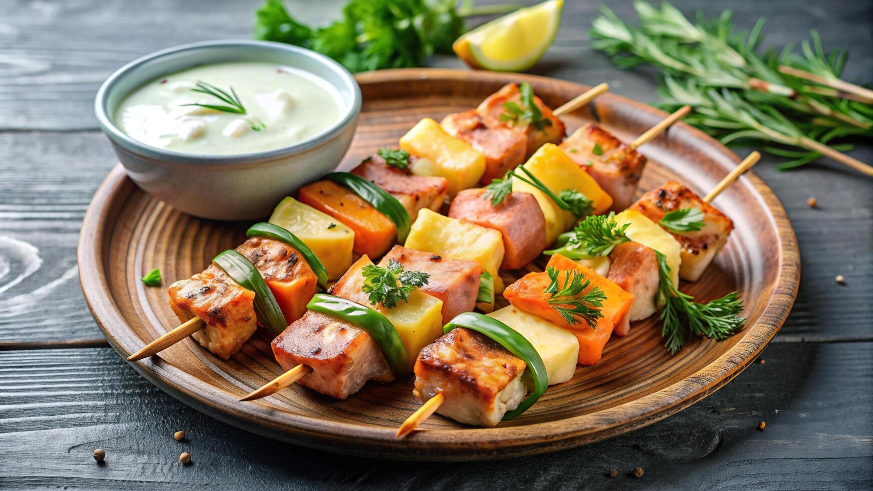 salmon, grilled salmon, delicious, food,grilled shashlik, healthy, skewer, Mediterranean, nutritious, grilled pineapple, Grilled shashlik with salmon and pineapple served with yoghurt sauce photo