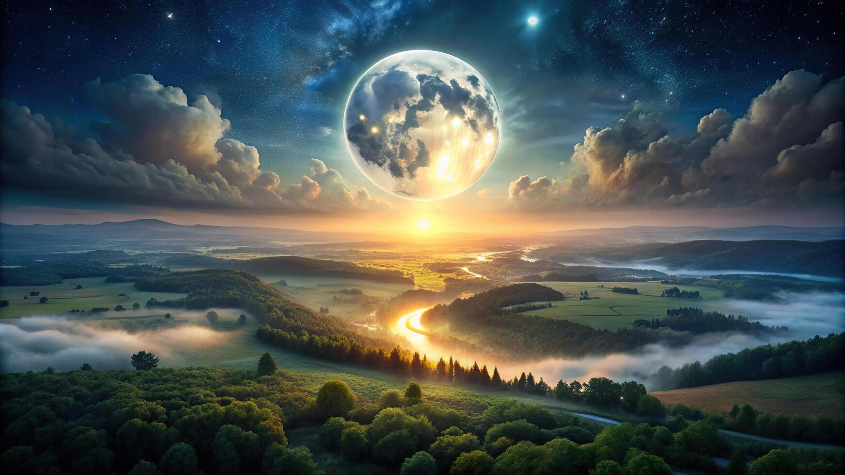 A stunning aerial view of a mystical shining moon illuminating the dark night sky casting a surreal and enchanting glow on the landscape below, shining, night, celestial body, nighttime photo