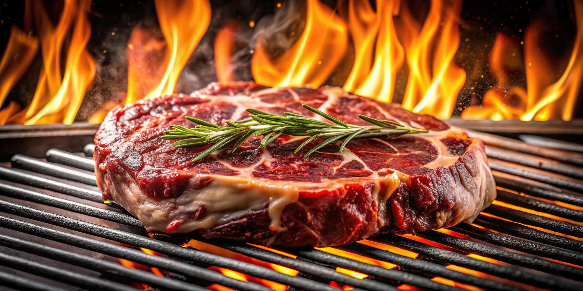 Charcoal marbled beef ribeye steak sizzling on a hot grill creating a mouthwatering BBQ meat experience, delicious, prime grade, cooking, outdoors, succulent, tender, summer, center-cut photo