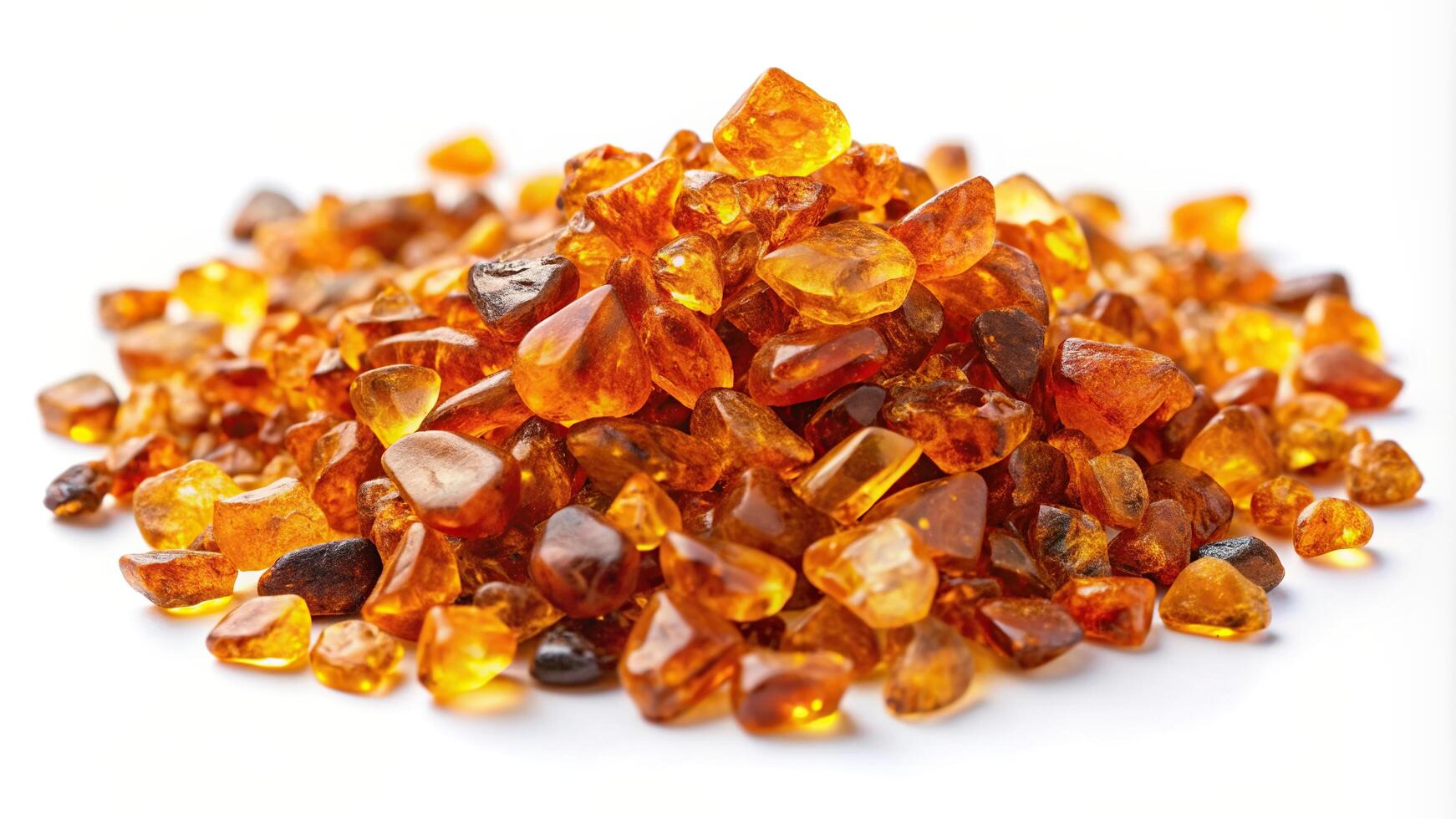 Crushed amber resembling golden gemstone particles beautifully scattered and photographed from a wide angle perspective isolated on a clean white background, white background photo