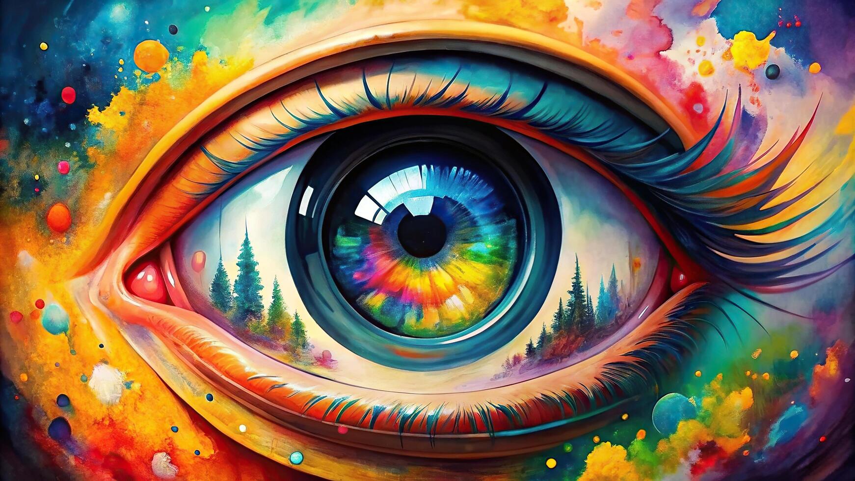 A vibrant and bold watercolor painting of a fisheye lens capturing the essence of health promotion featuring vibrant colors and abstract shapes, fisheye lens, lively, colorful, bold photo