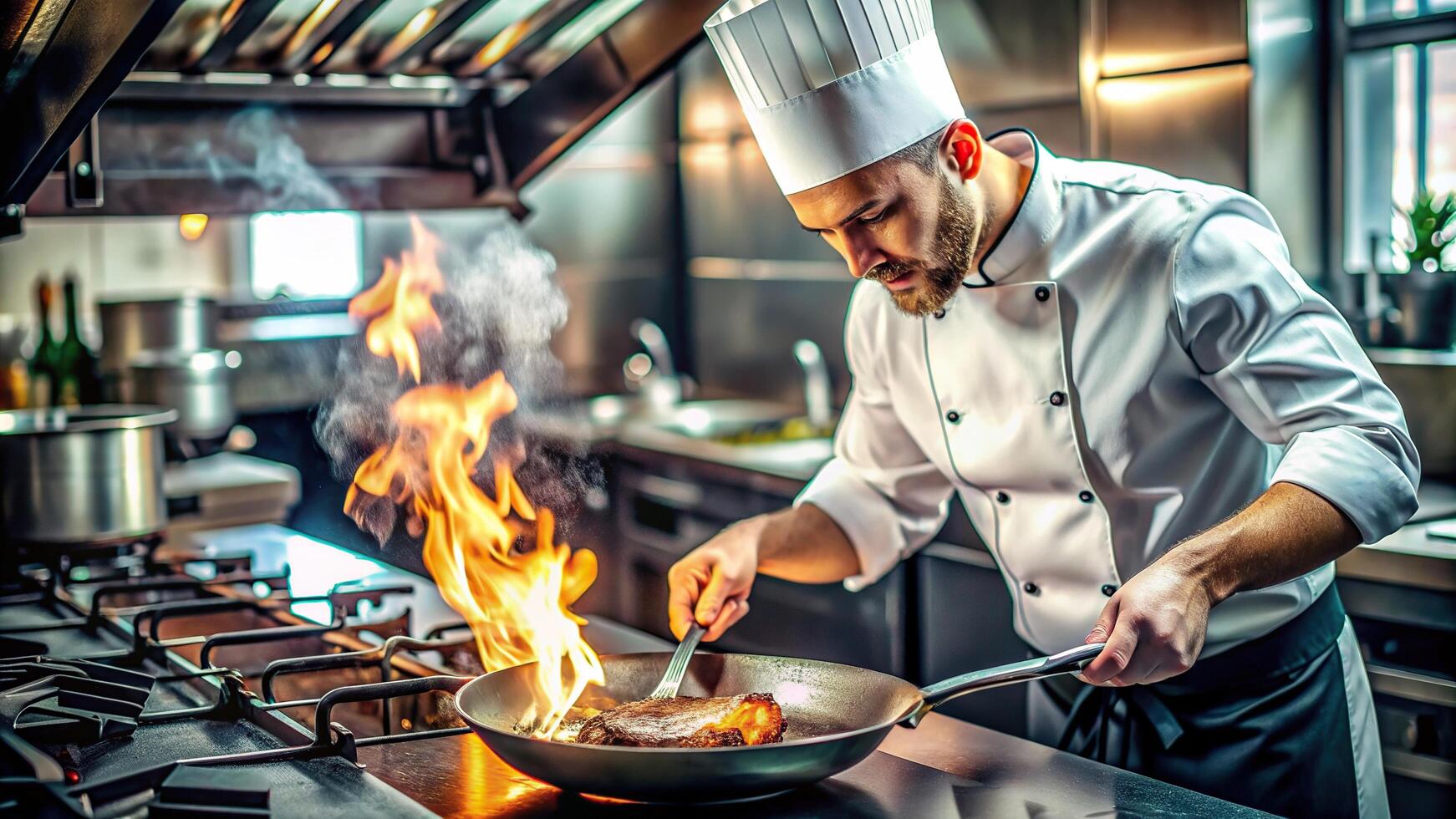 A chef is skillfully frying a pork chop on a stove in a bustling restaurant kitchen, frying, chef, sizzle, preparation, professional, food, skill, restaurant kitchen, pork chop, cuisine photo