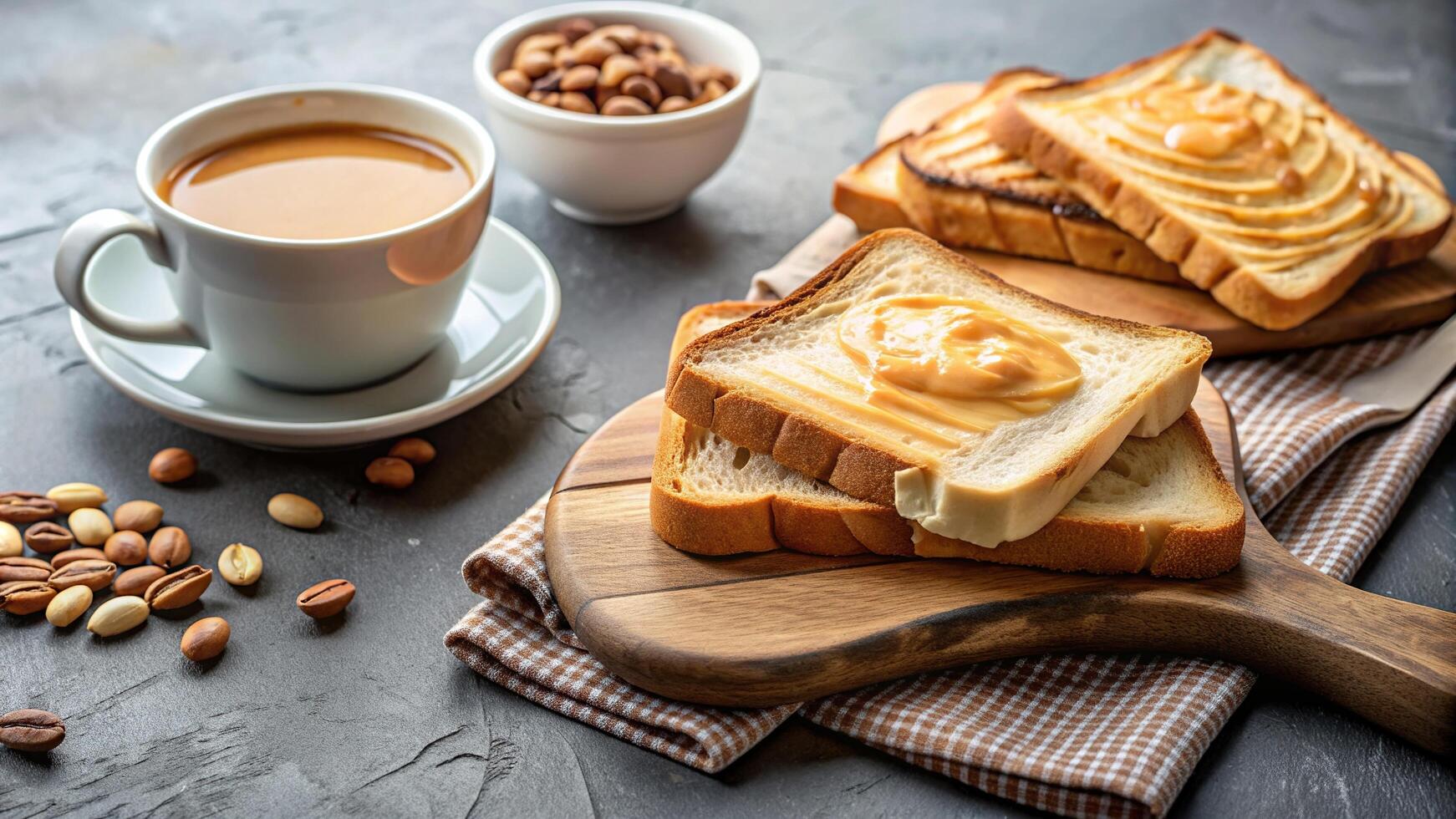morning routine, spread, toasted bread, peanut butter, kaya, homemade, condiment, Morning breakfast with toasted bread spread with butter kaya and peanut butter served with a cup of coffee photo
