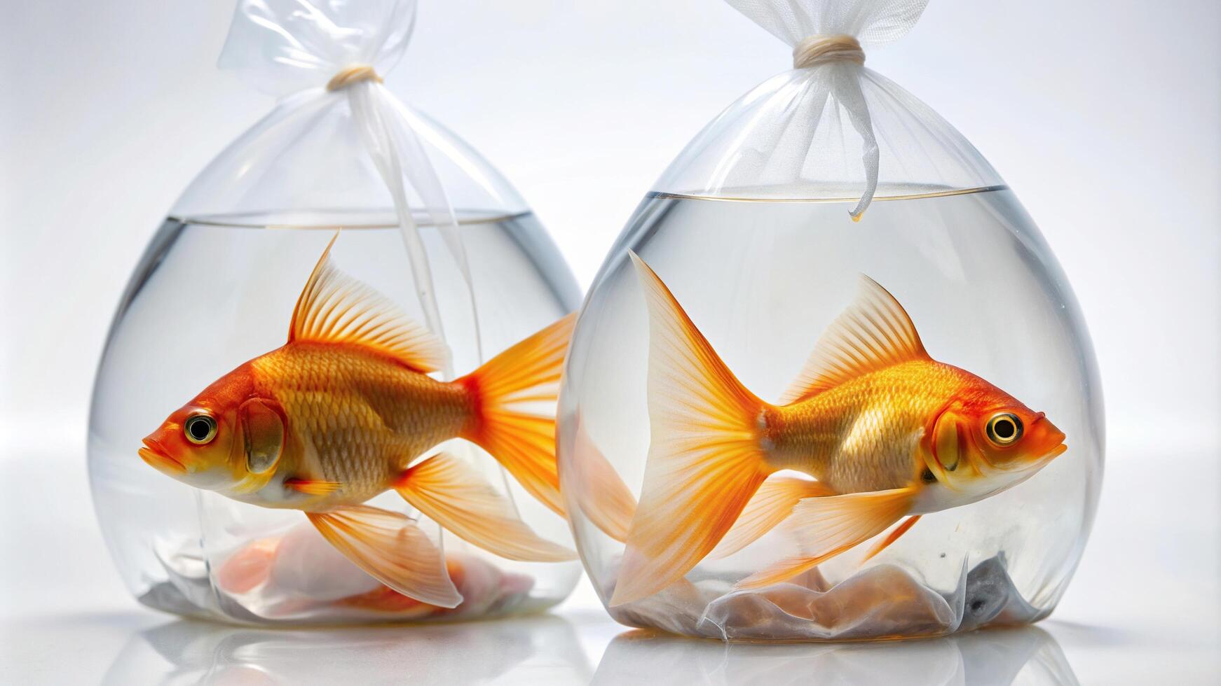 goldfish, animal, water, close up, background, transparent, fish, white, Pair of goldfish swimming in a transparent water packet against a white background with a shallow Depth of Field photo