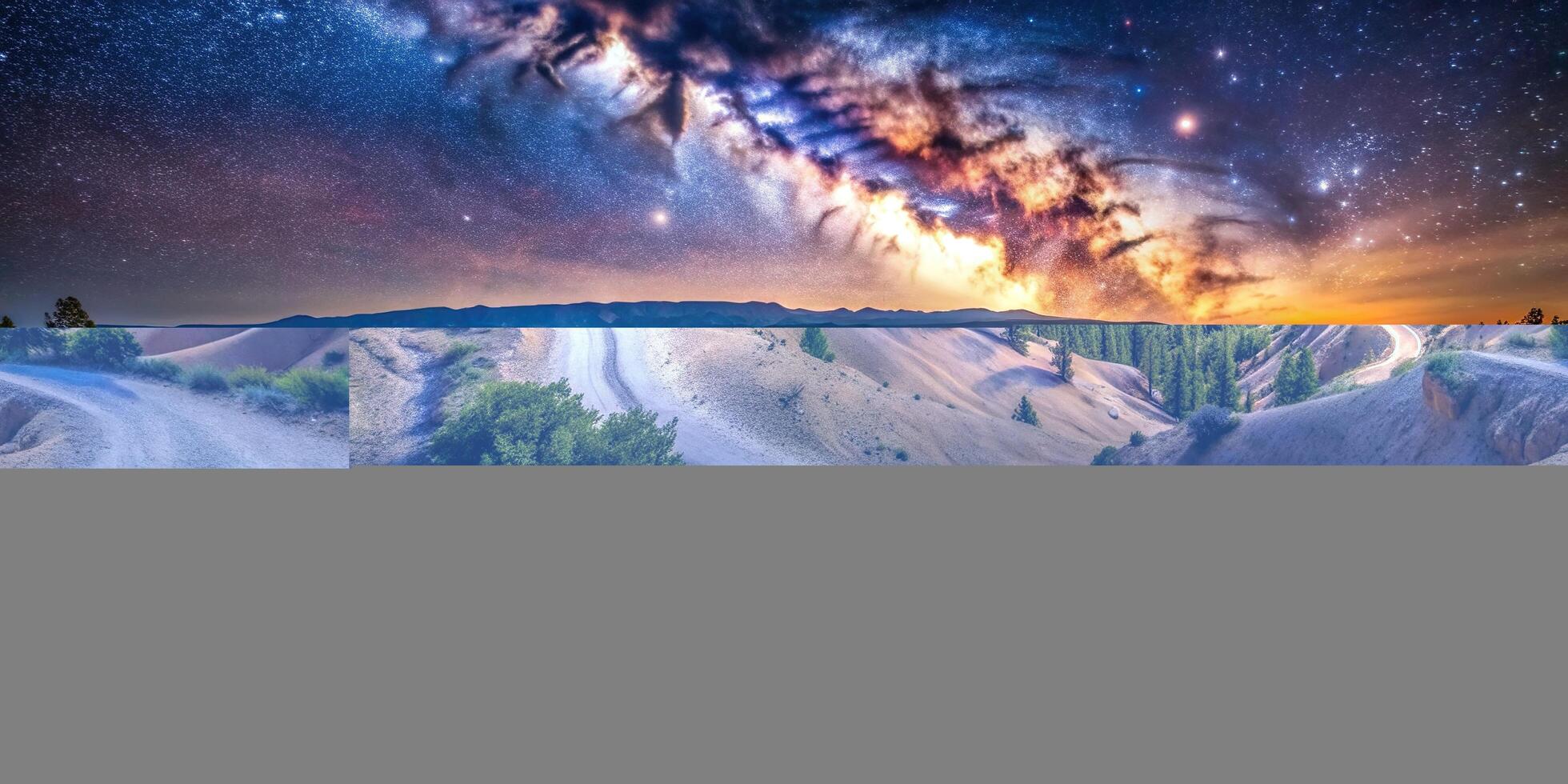 A stunning stock photo capturing the Milky Way galaxy shining brightly over the moonlit Bryce Canyon Rim trail with leading lines highlighting the natural beauty of the landscape