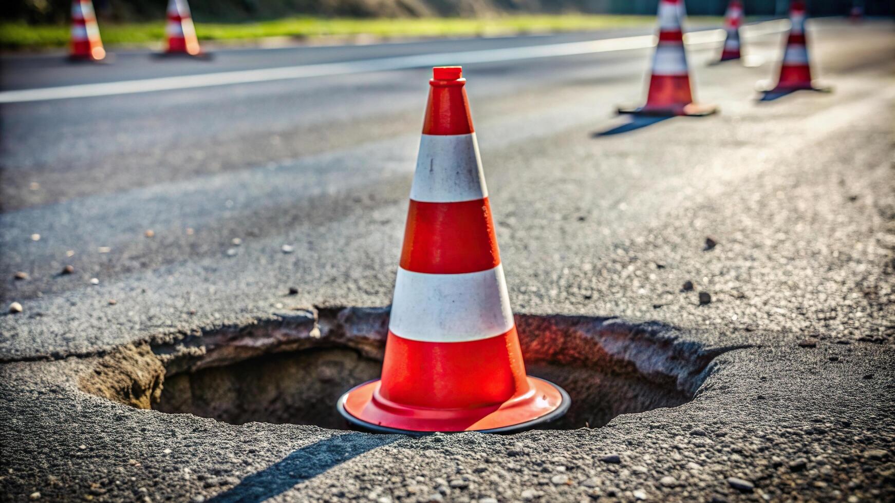 street, road surface, cone, traffic, construction, roadwork, danger, city, pavement, tilted, A red and white cone positioned next to a tilted hole in the asphalt road surface photo