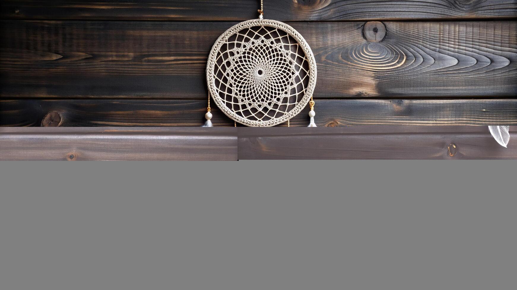 black, wooden, design, hoop, handmade,white, symbol, White dream catcher with feather hanging against a black wooden background capturing the intricate details of the handmade design photo