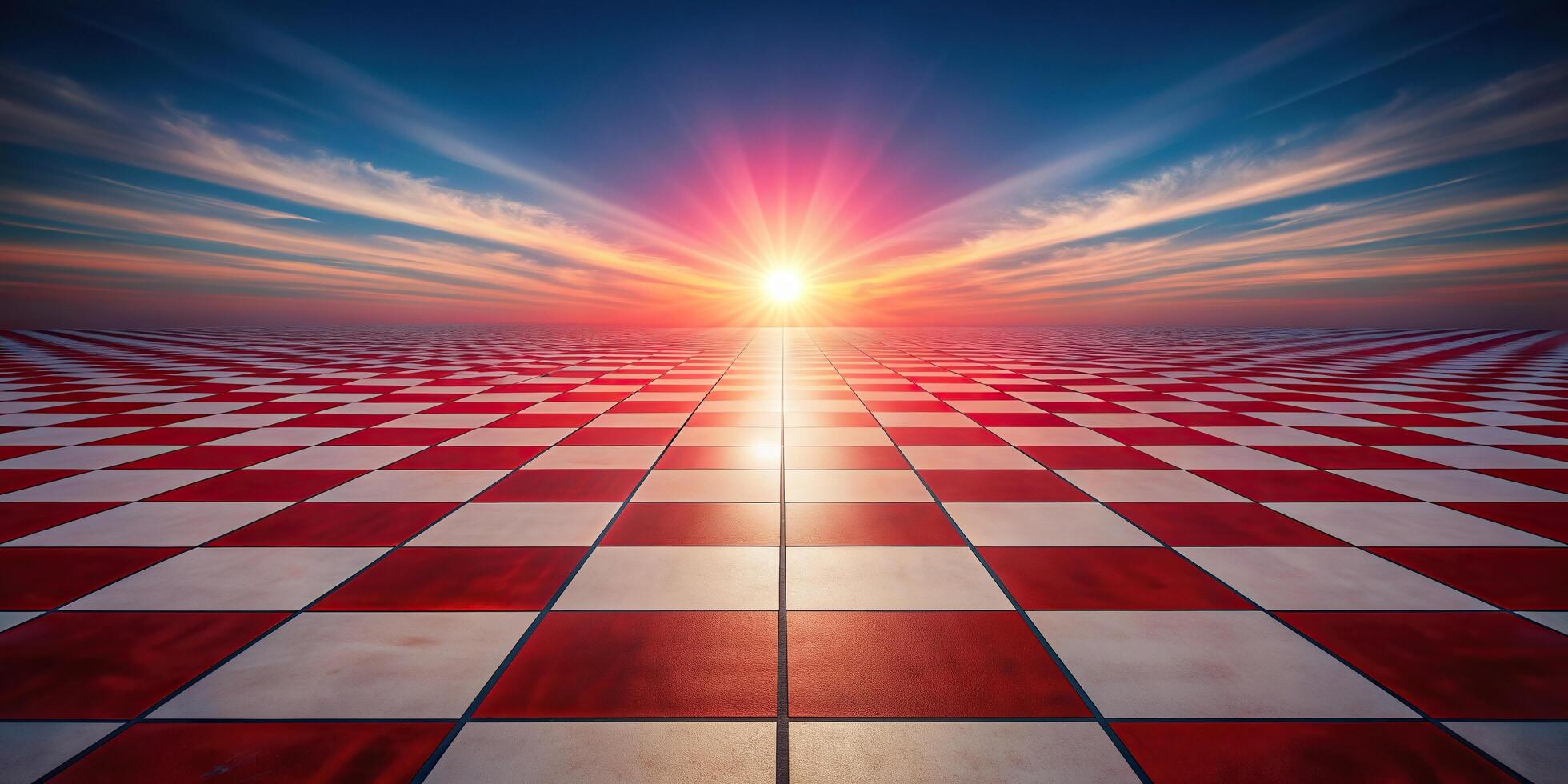 contemporary, graphic, red sun, vibrant, artistic, stock photo, A visually striking stock photo featuring a checkered floor with a red sun in the background captured at a tilted angle