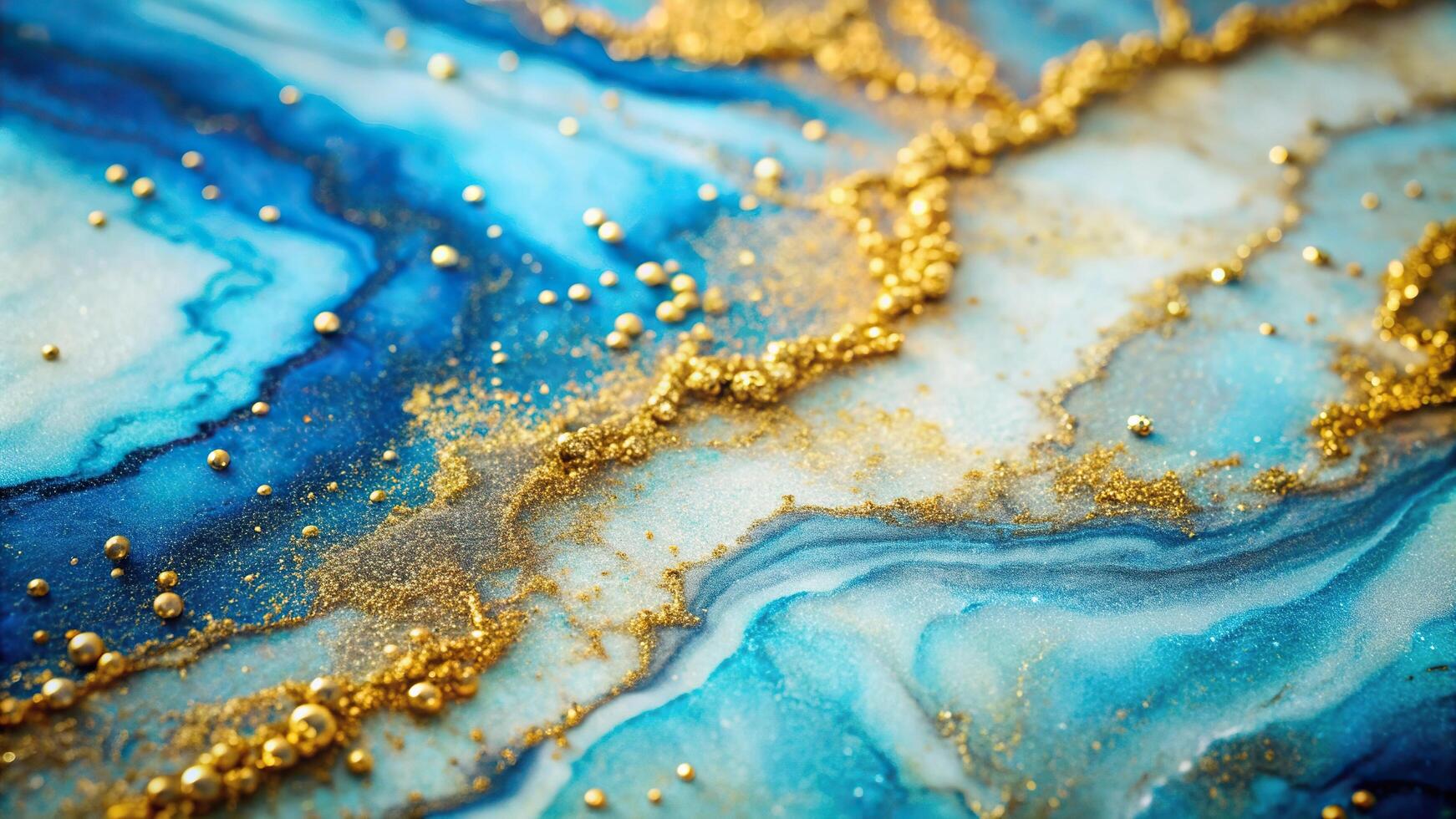 Abstract paint texture art with a natural blue hue and a touch of luxury through gold glitter powder set against a mesmerizing marble background captured from a captivating worm s eye view photo