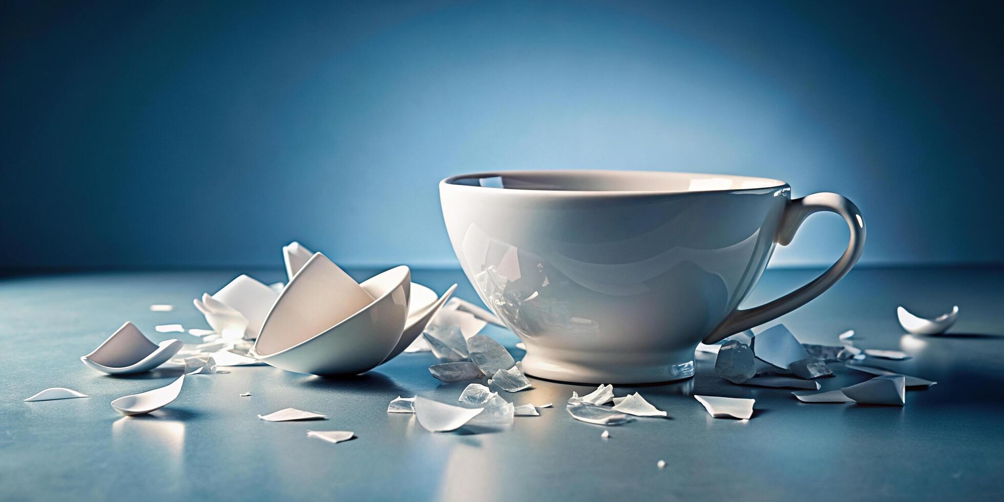 A broken cup with shattered pieces lying on a solid background captured using a wide angle lens, simplicity, tabletop, stock photo, minamal, photography, breakage, accident, fragile photo