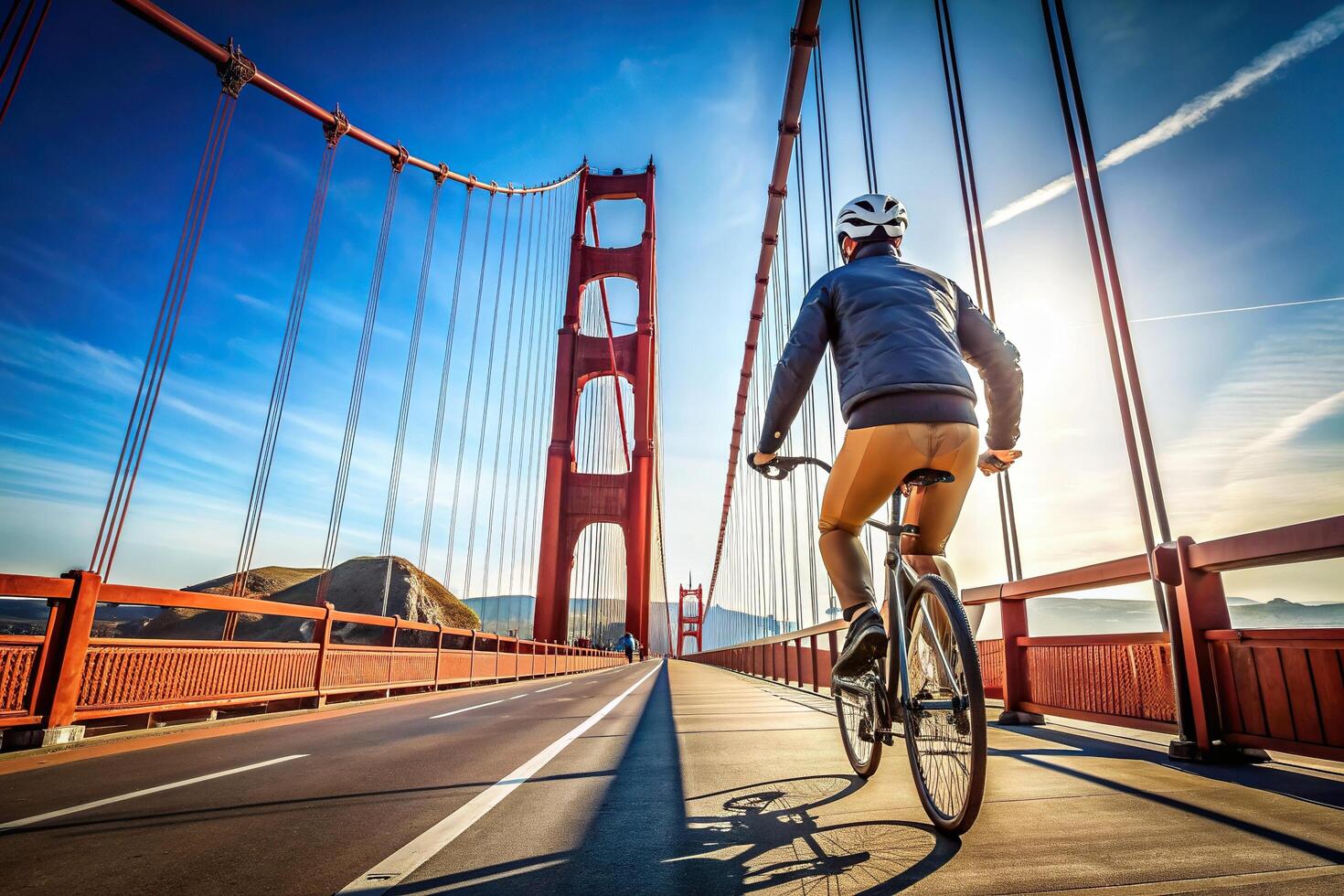 Cyclist riding a bicycle on the Golden Gate Bridge in San Francisco USA as seen from a worm s eye view, USA, landmark, skyline, California, architecture, scenic, bridge, iconic, adventure photo