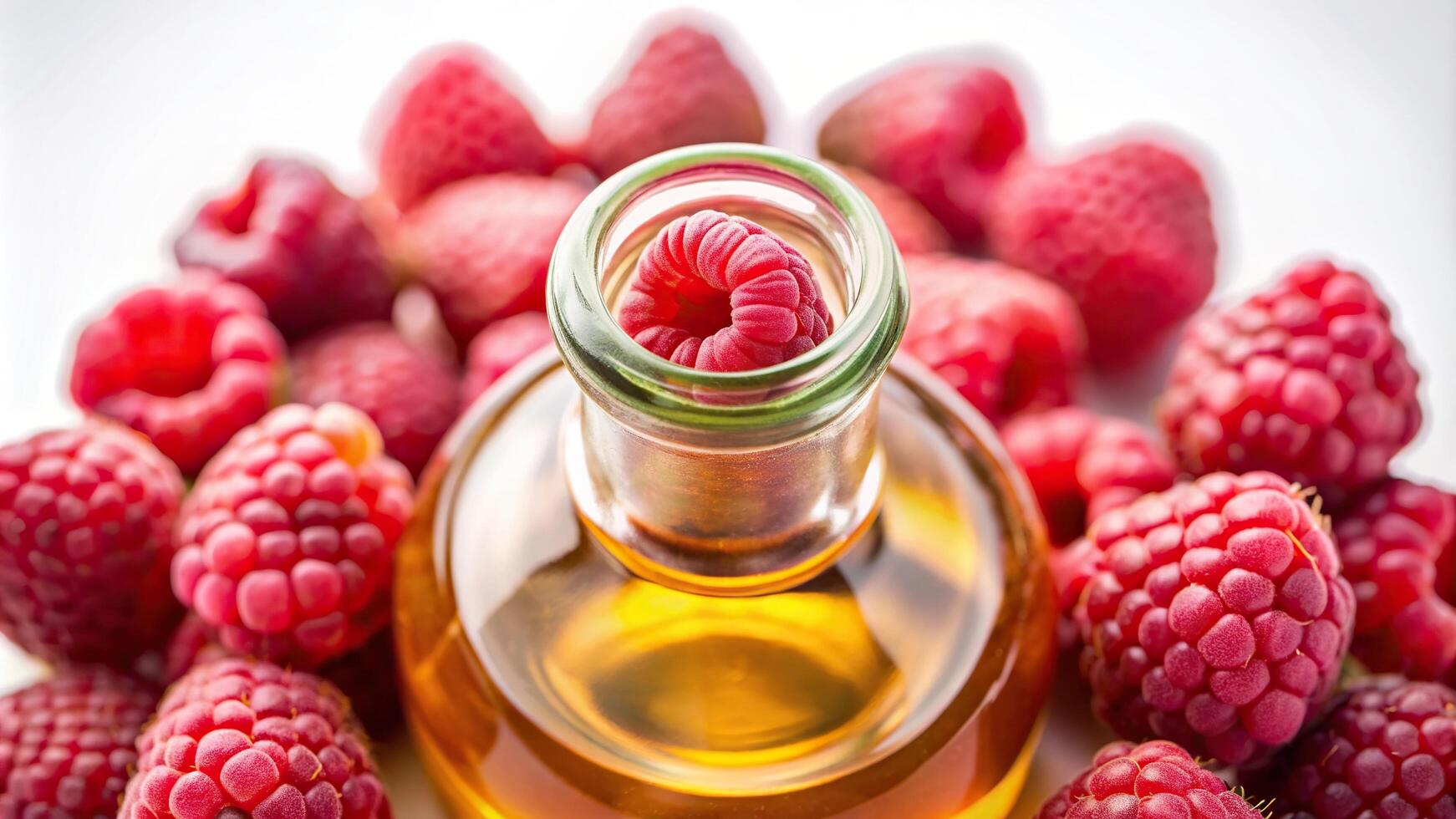 A close up view of a bottle containing raspberry seed oil placed on a white background captured using a fisheye lens, omega-3, white background,raspberry seed oil, moisturizing photo