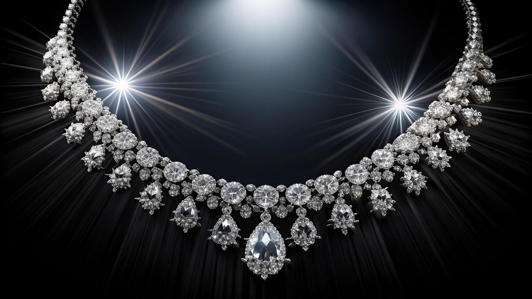 ornate, crystal, elegant, high-quality, close-up, shiny, accessory, gemstone, sparkle, expensive, Diamond necklace shining brightly against a black background in a wide angle shot photo