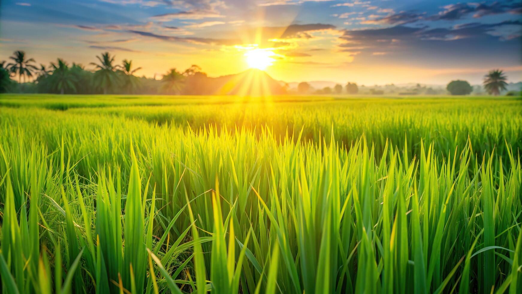 crops, farming, lush, countryside, landscape, sunlight, plantation, harvest, Close up of a lush green rice field at sunrise with the warm sunlight creating a beautiful flare effect photo