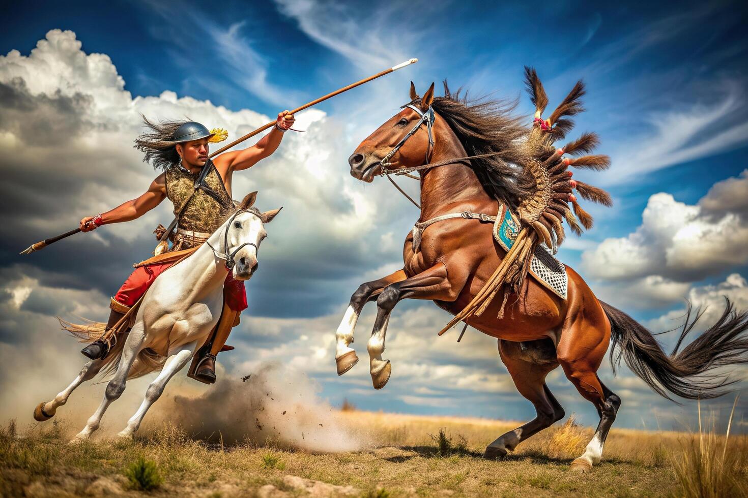moment, intense, historical, cultural, war, wild, strength, conflict, attack, A low angle shot capturing the intense moment of an Indian charge horse attacking a Native American warrior photo