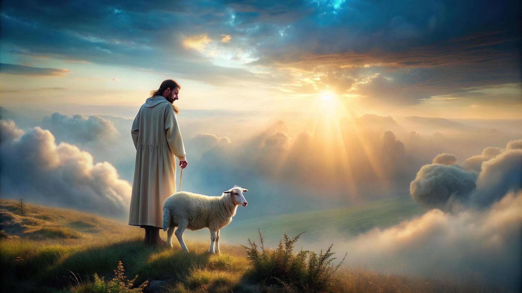 Sacred Offering Abel and the Lamb at the Altar in a Misty Dawn Asymmetrical, Abel, lamb, sacred, misty dawn, offering photo