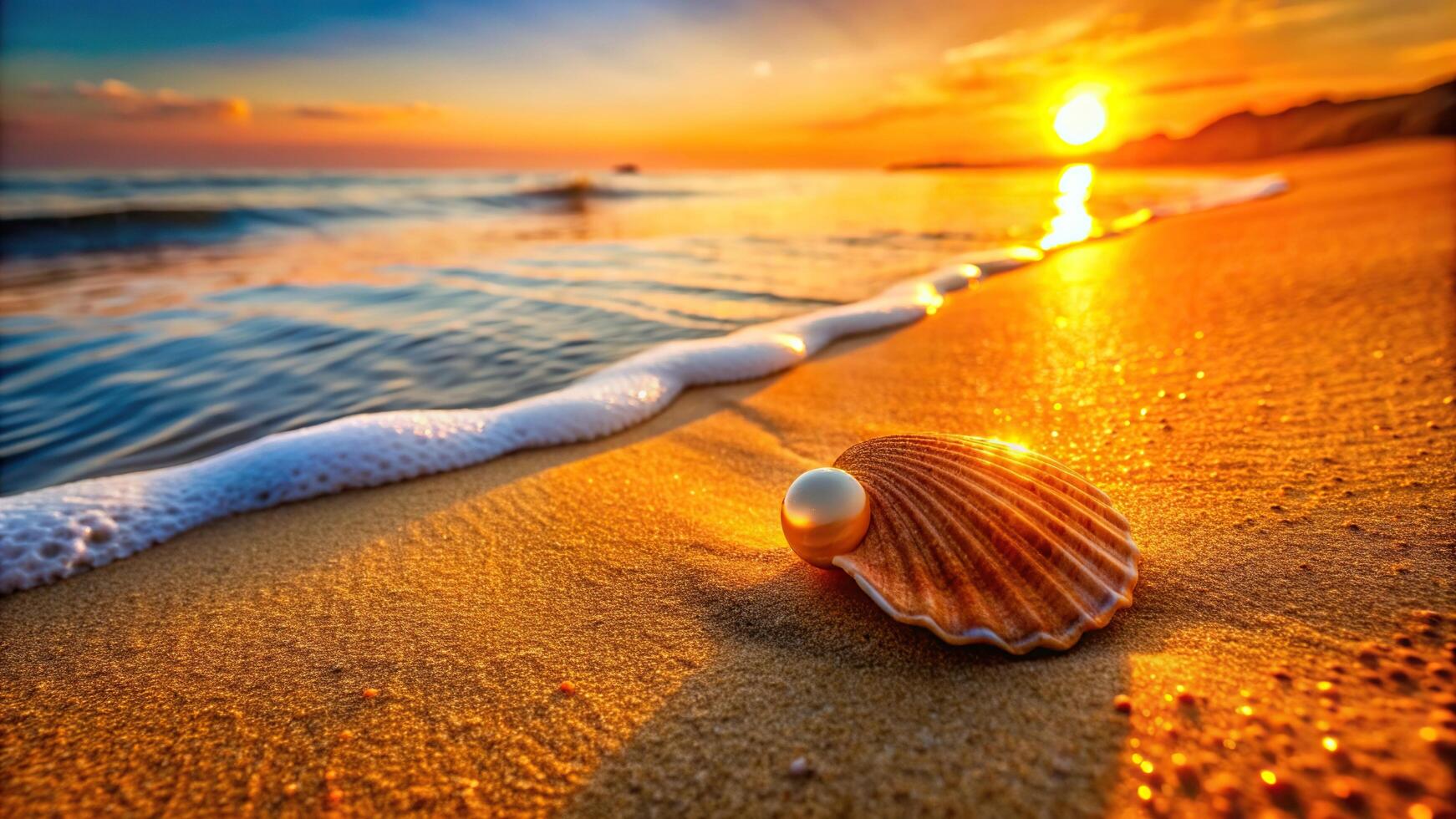 light, coast, shoreline, vacation, nature, Orange seashell with pearl resting on the shoreline illuminated by the warm and golden light of the sunset as seen from a bird s eye view photo