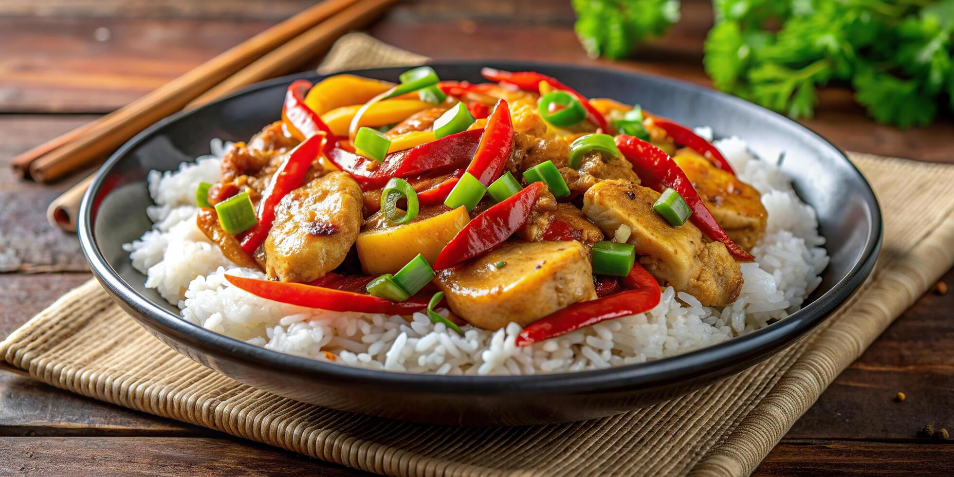 Asian chicken fillet with onion celery and sweet pepper cooked in a savory sauce served with steamed rice, sweet pepper, celery,Asian, steamed rice, chicken fillet, onion photo