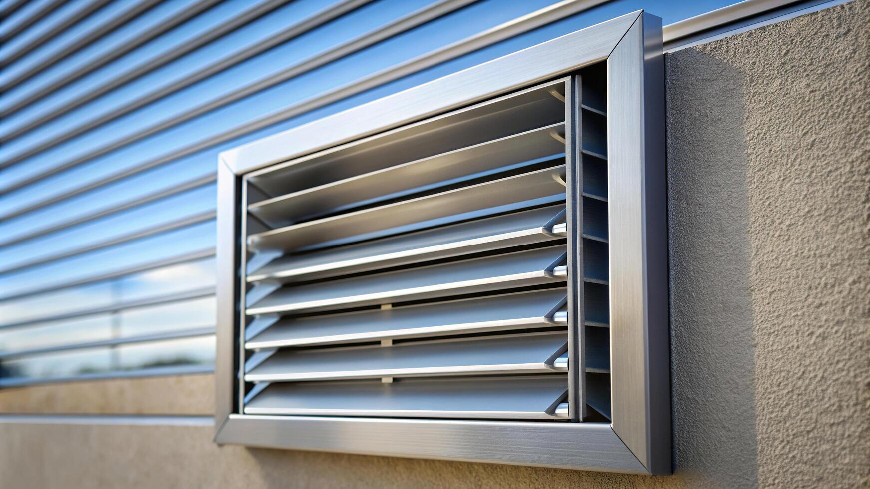 A stock photo of a ventilation louver with an actuator showcasing a forced perspective creating a visually striking and dynamic composition, design, actuator, angle, stock photo