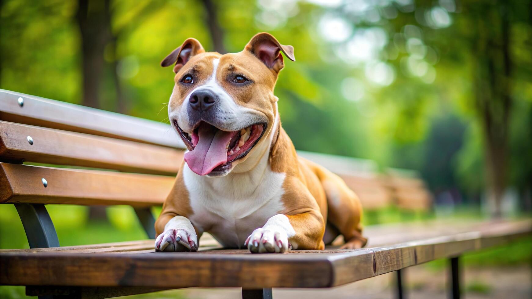 un Staffordshire terrier con sus boca abierto descansa en un banco a un inclinado ángulo, atractivo, Staffordshire toro terrier, sesión, perro, banco, retrato, compañero., Staffordshire terrier foto