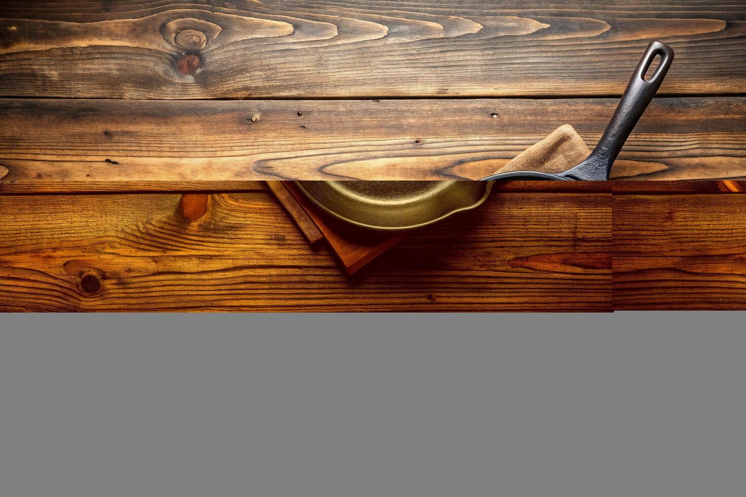 Empty cast iron skillet on a wooden table with a rustic wood background providing ample copy space, frying pan, home,cast iron skillet, vintage, cooking pan, cooking, copy space photo