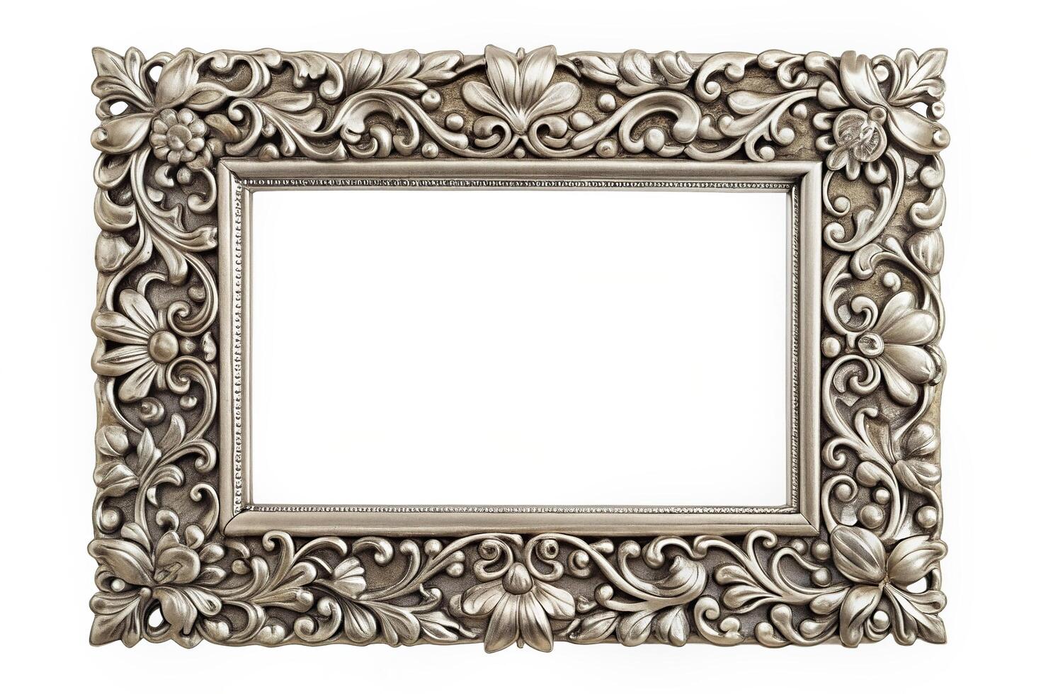 floral, low angle, luxury,silver, Silver rectangular frame with an intricate floral pattern and a glossy finish photographed from a low angle against a plain white background photo