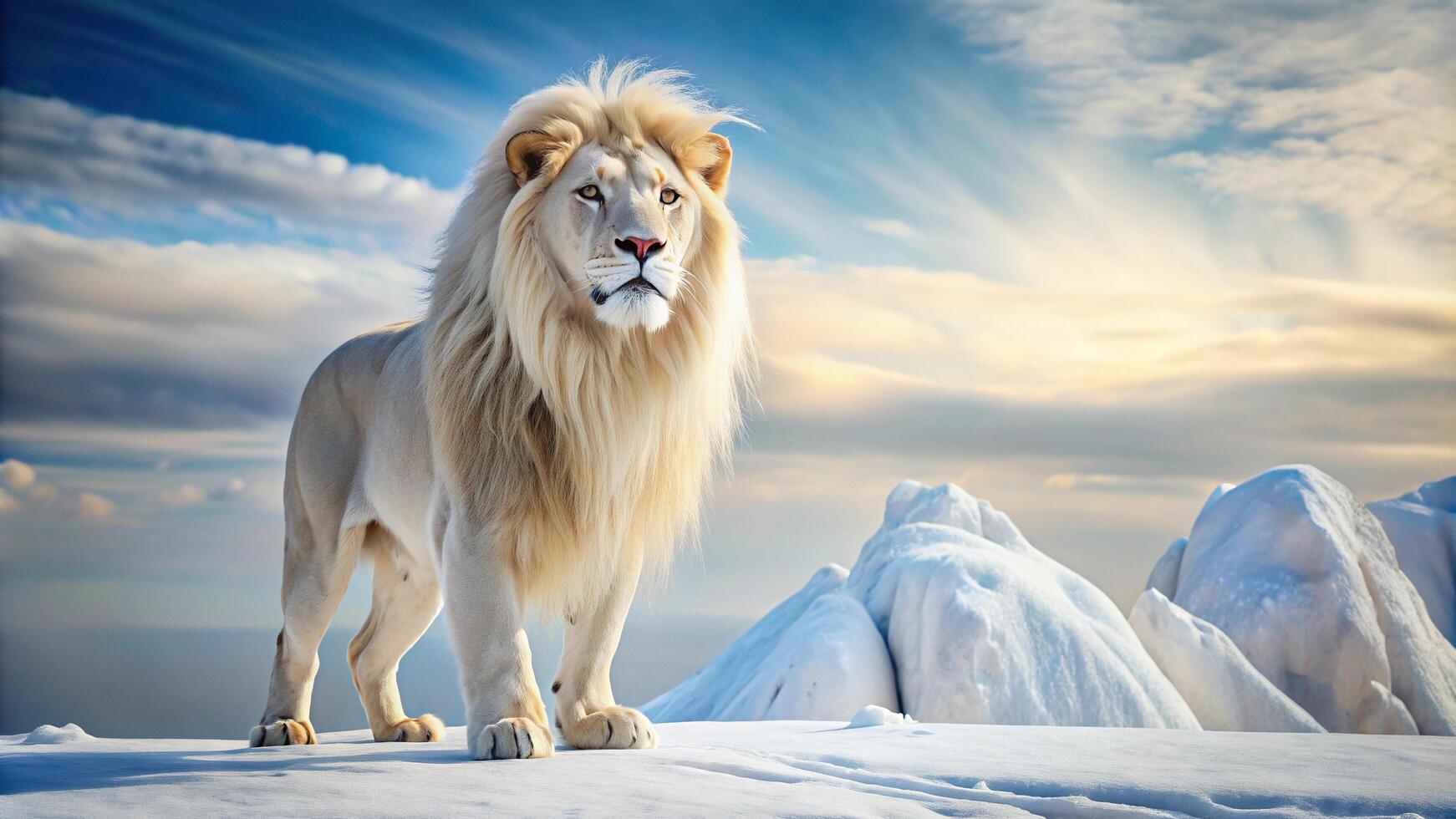 A majestic snow lion stands tall against the frozen ice of eternity exuding power and grace, protect, arctic, mythical, legend, wildlife, strength, nature, power, majestic beast, guardian photo