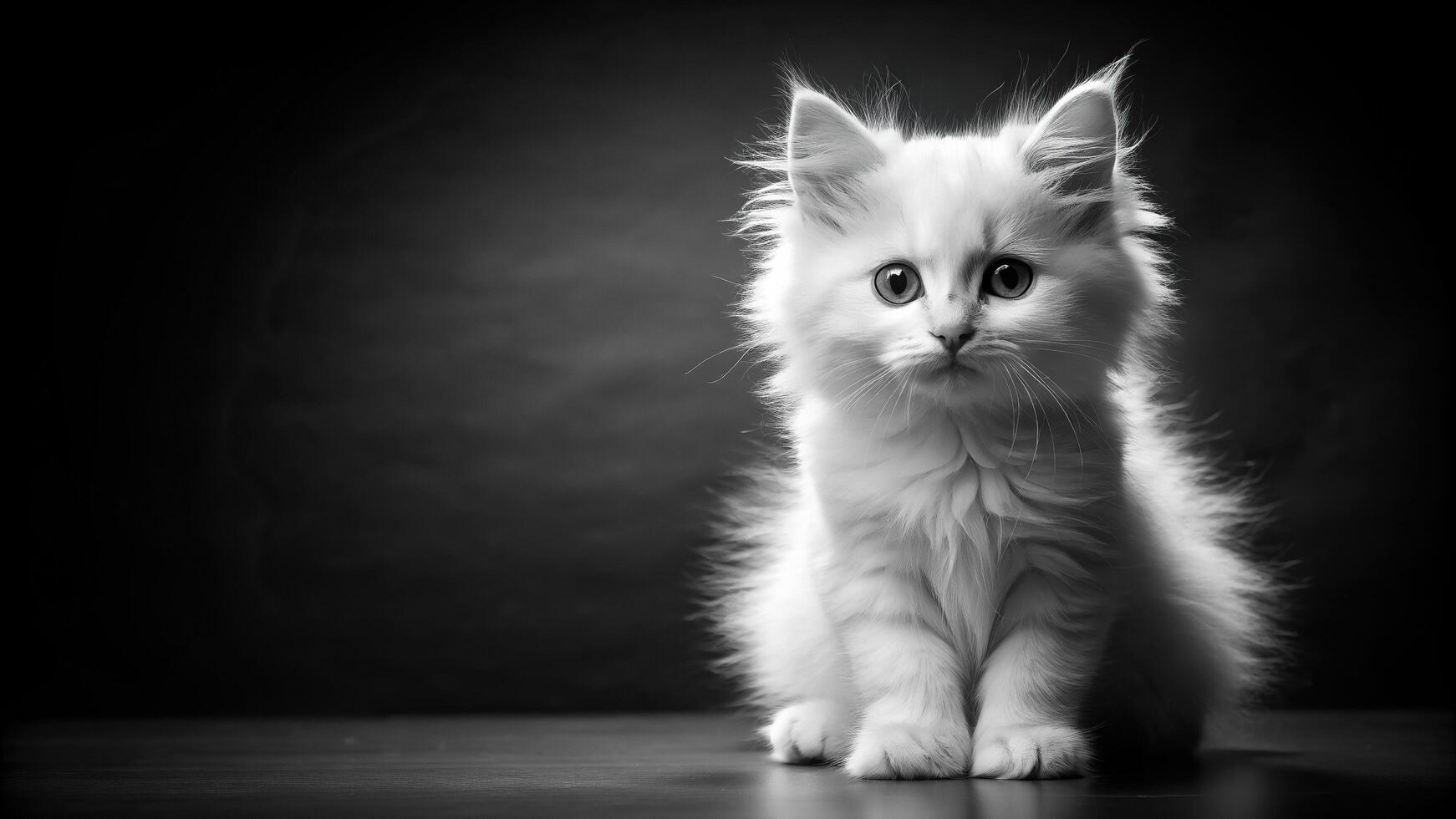 white fluffy kitten, cute, A black and white photograph capturing the adorable essence of a cute white fluffy kitten against a black backdrop using forced perspective technique photo