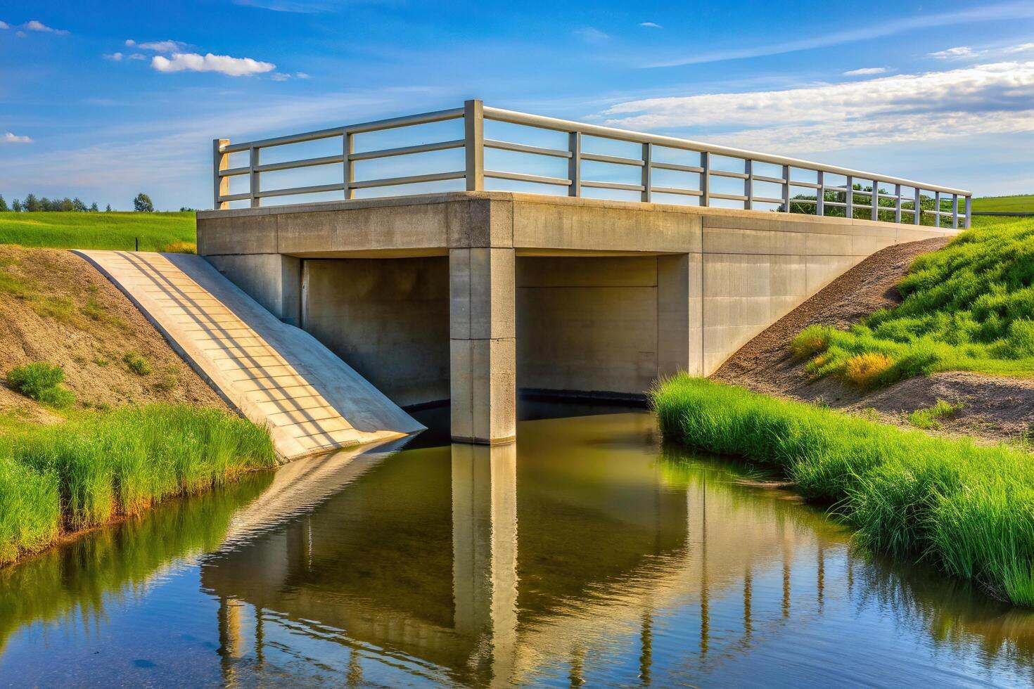 Cement bridge with culvert on irrigation ditch, sustainable, landscape, infrastructure, rural development, metal railing, countryside scenery, bridge, irrigation ditch, pathway, countryside photo