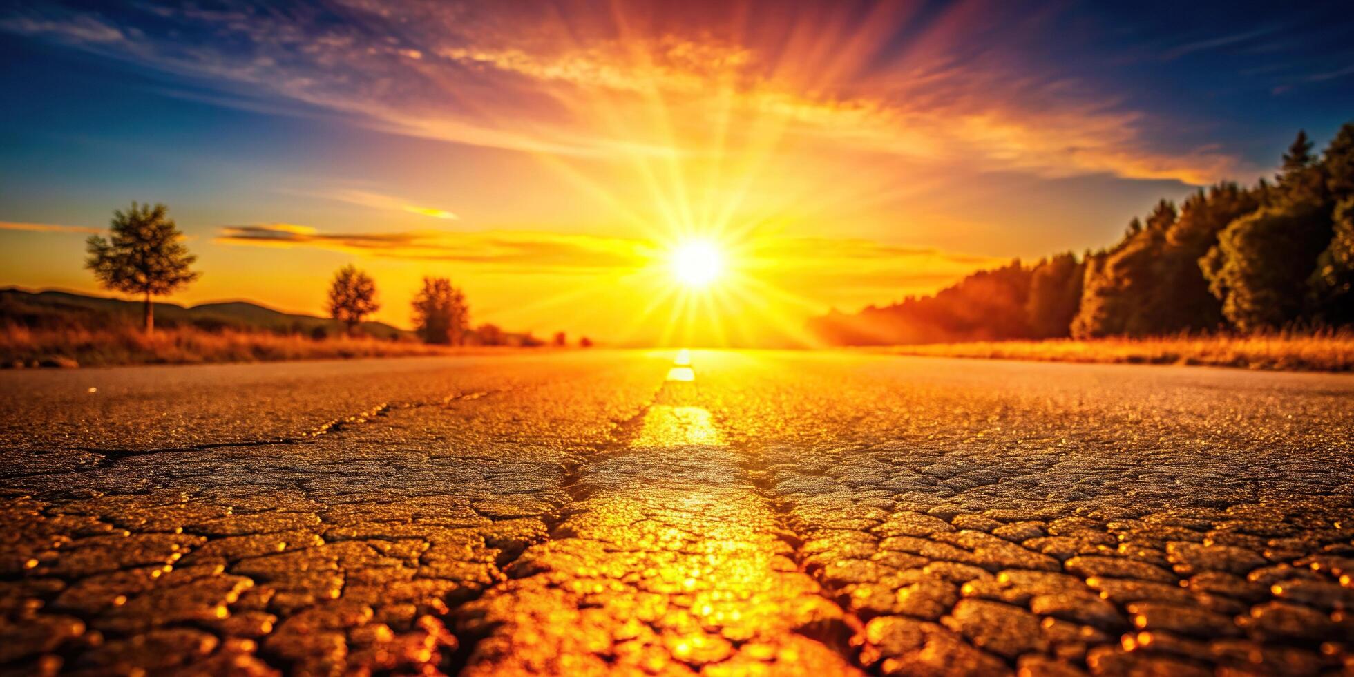 sunlight,glare, visually striking, road, hot asphalt, summer, bright, temperature, The hot sun casts a intense glare on the blistering hot asphalt creating a visually striking scene photo