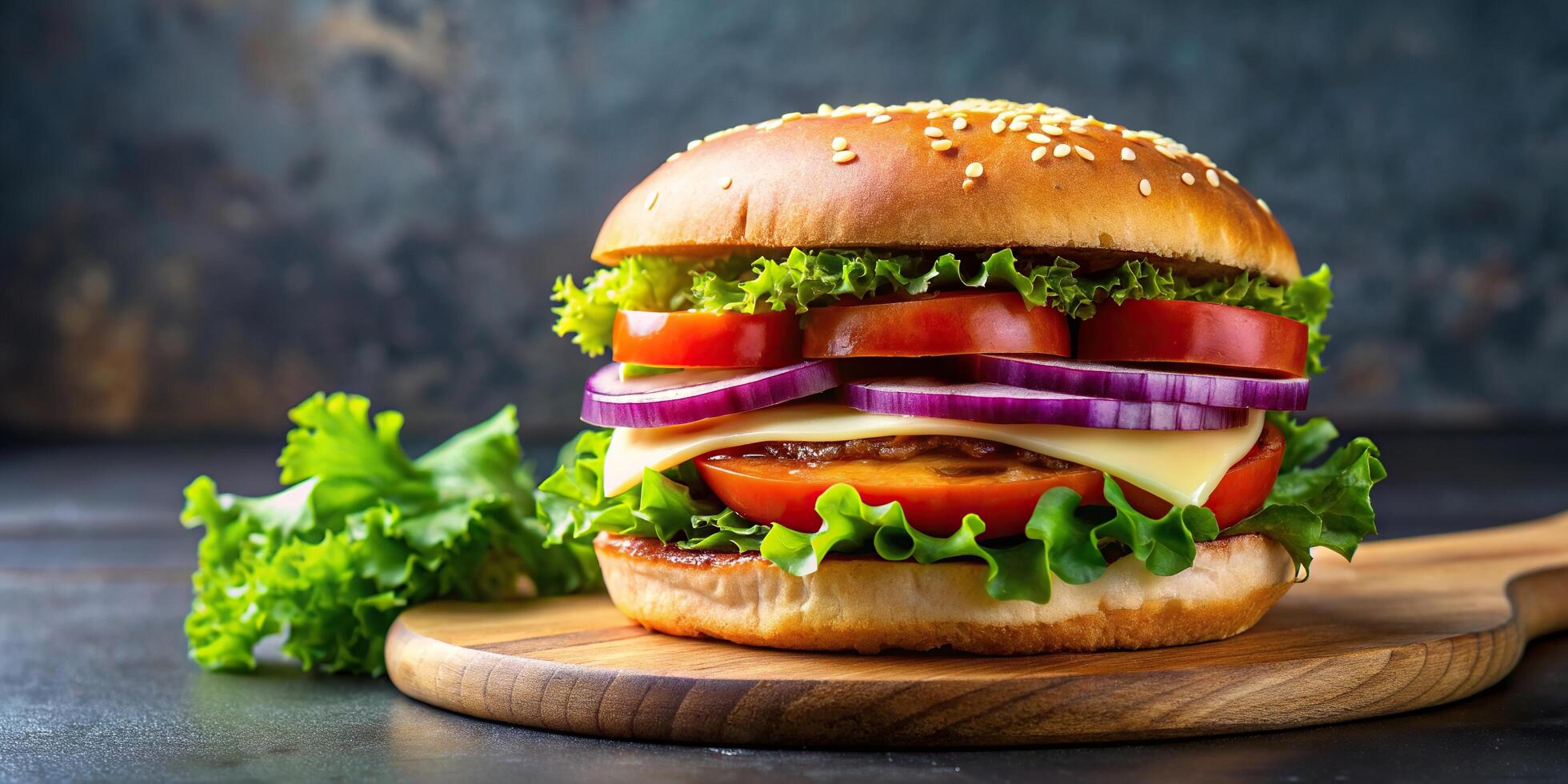 A mouthwatering stock photo showcasing a savory halloumi burger piled high with fresh lettuce tomato and red onion nestled on a perfectly toasted bun, savory, appetizing, meal, lunch
