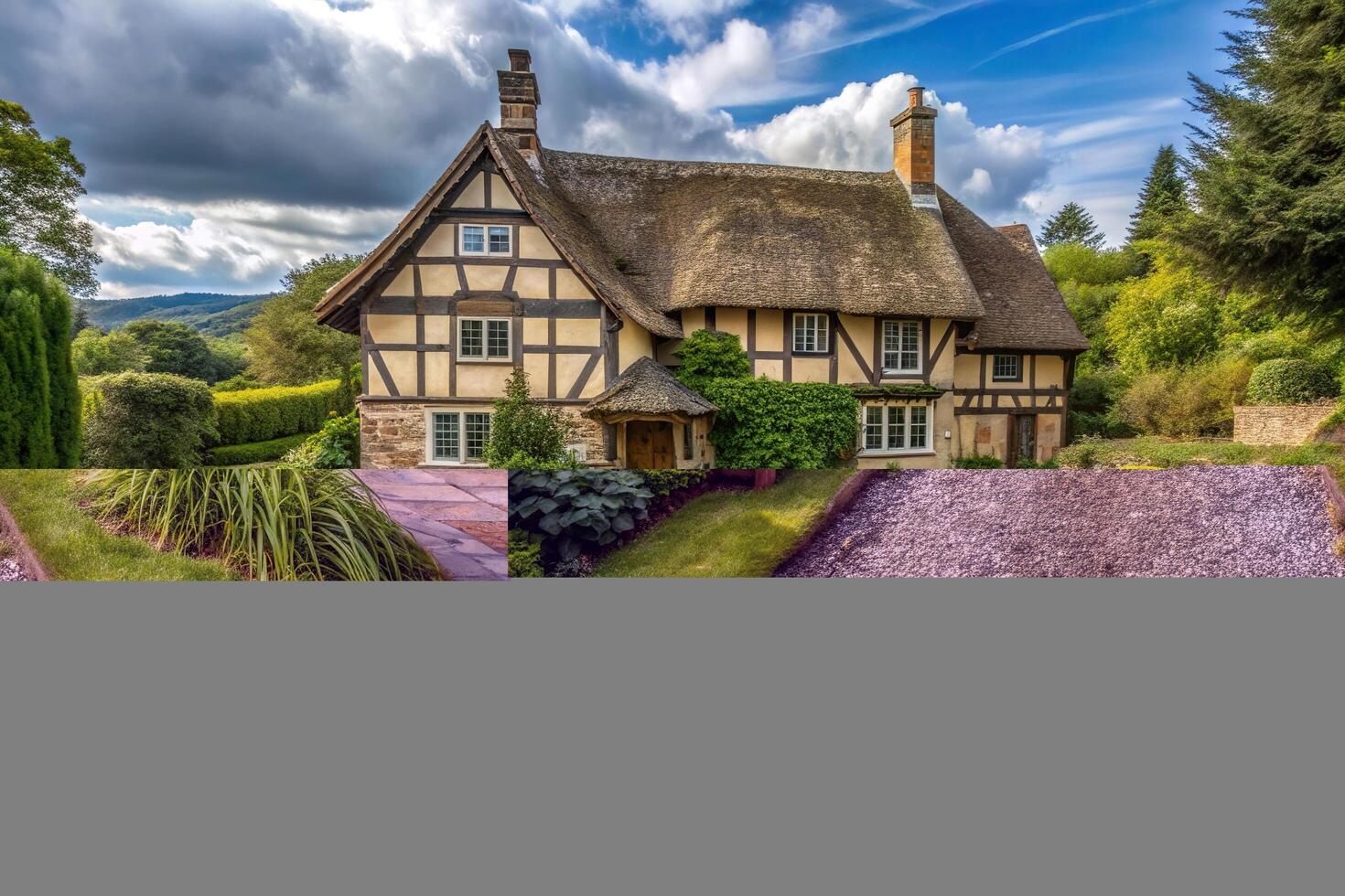 An asymmetrical English country house timber frame cottage in Herefordshire with a thatched roof exposed wood beams a large garden and a rustic stone pathway, cottage, British photo