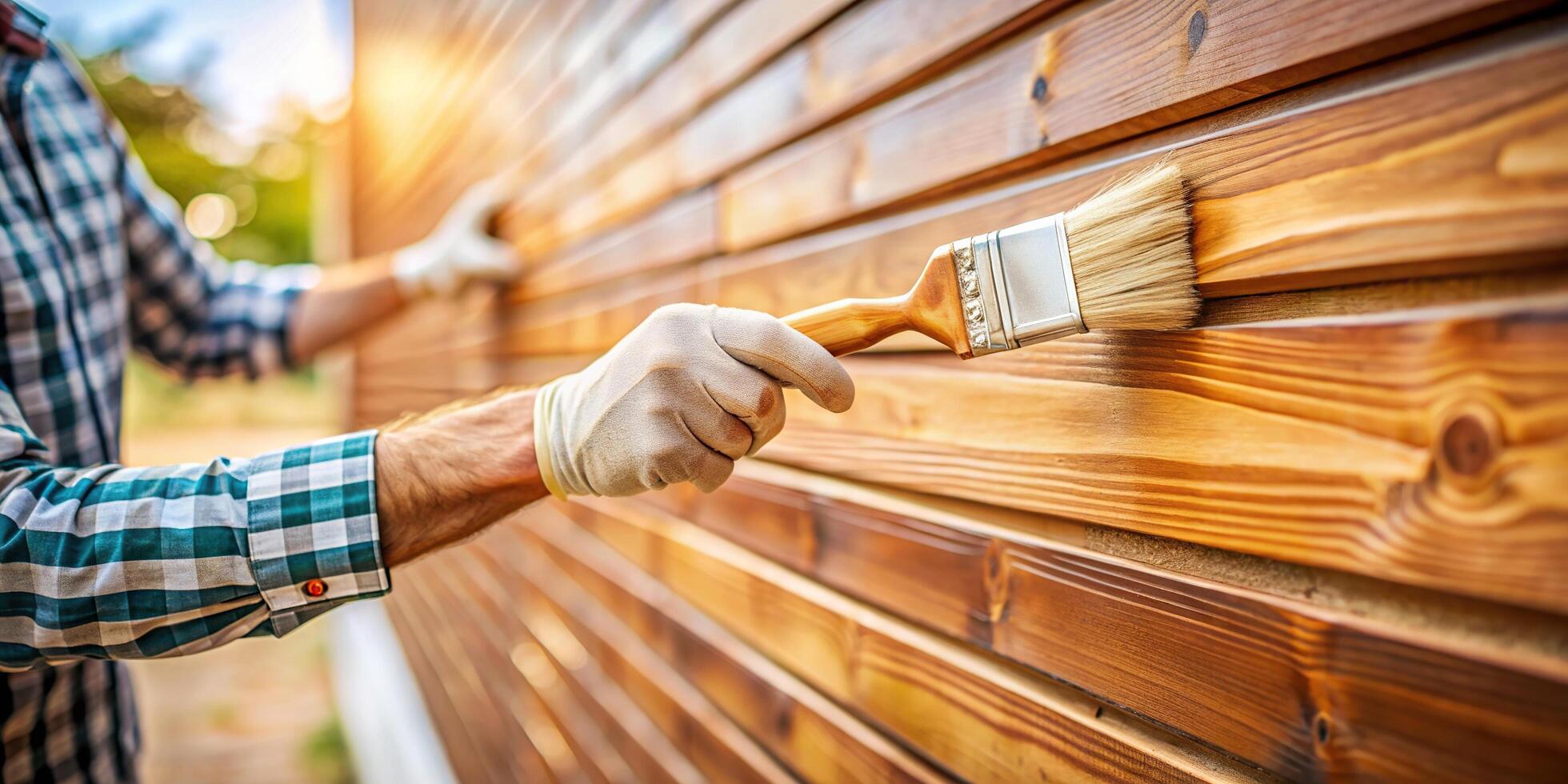 A close up shot of a person painting a wooden facade wall with a paint brush creating a blurry depth of field effect, depth of field, wooden facade, stock photo, close-up, blurry,painting photo