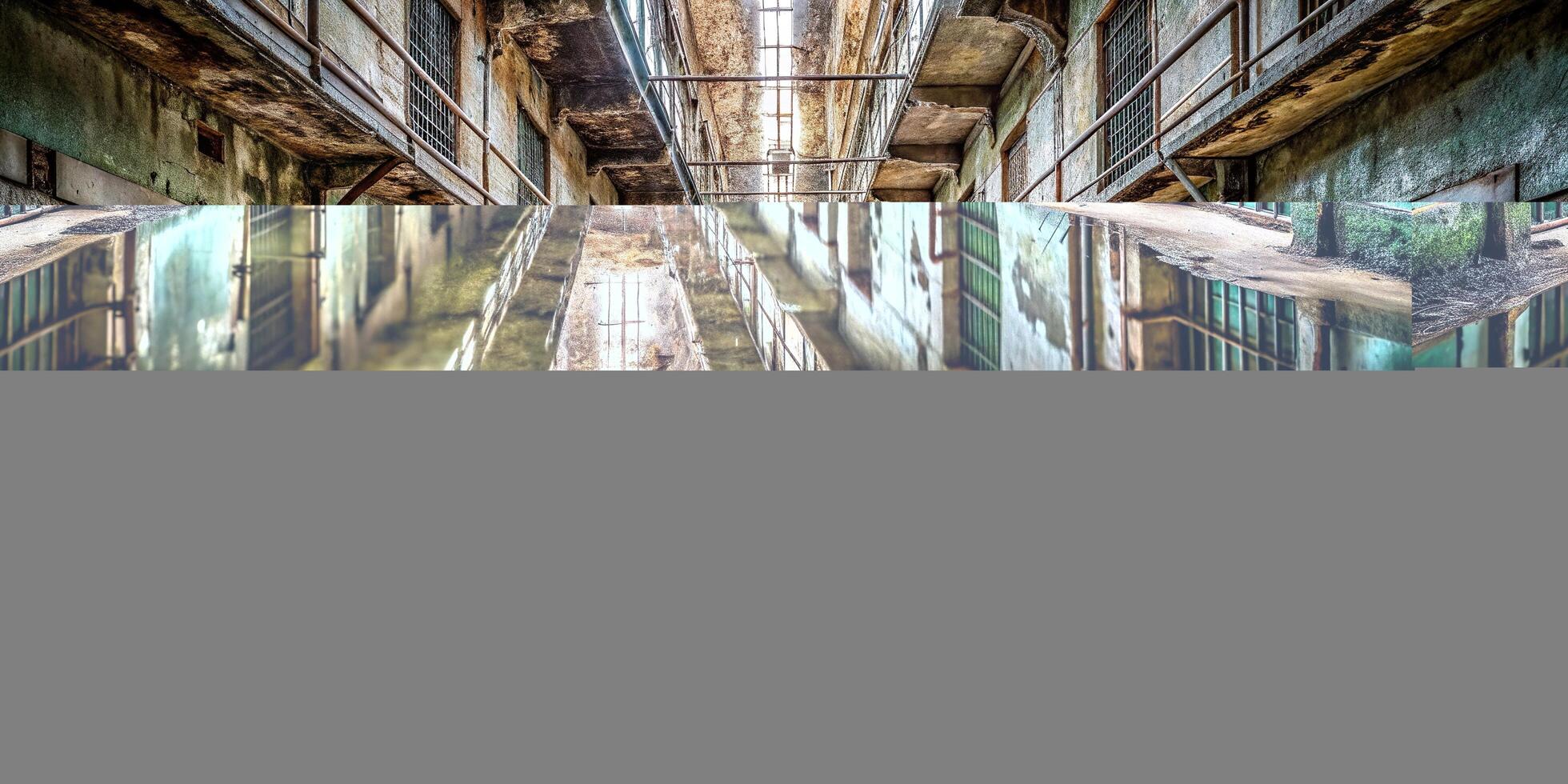 decaying, crumbling, dark, old, decaying walls, water reflection, haunted, grimy, spooky, gloomy, neglected, desolate, Abandoned prison hallway with water reflection and detailed decay photo
