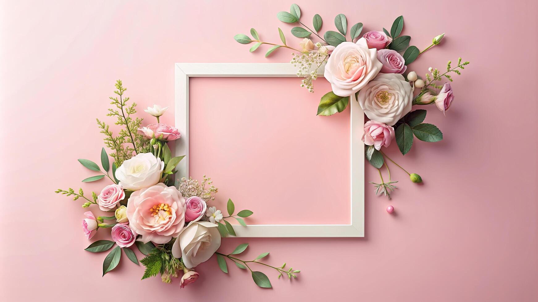 border, stock photo, delicate, modern, vintage, pretty, elegant, A beautiful pastel floral border with a white frame is showcased at a tilted angle on a soft pink background photo