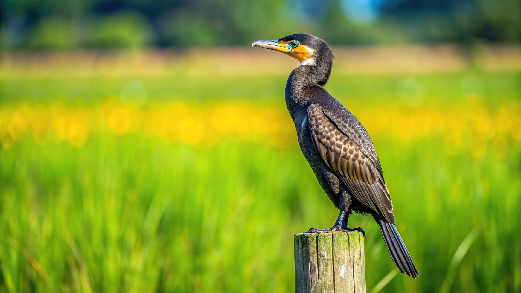 Great Cormorant Phalacrocorax carbo perched on a wooden pole in a lush green field, large wingspan, long neck, animal, waterbird, avian, bird, black-feathered, wildlife photography photo