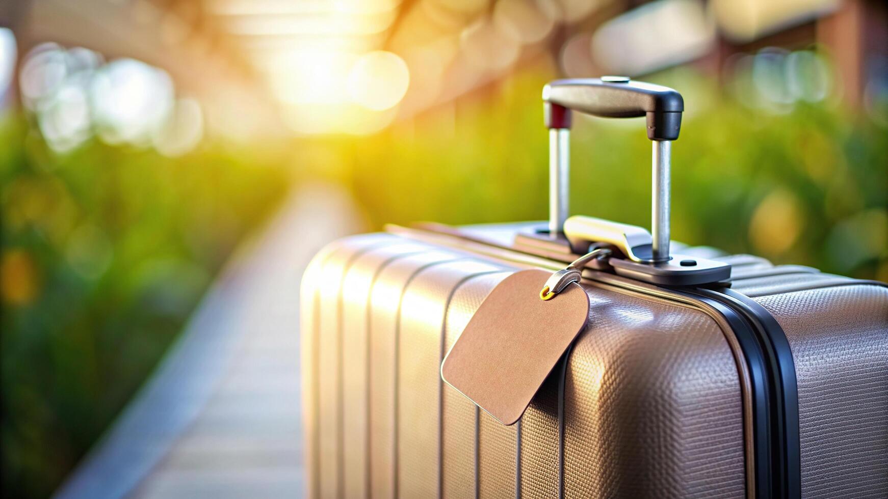 A stock photo featuring a blank name tag attached to a suitcase with copy space creating a focal point with a blurred background evoking the concept of tourism and holidays
