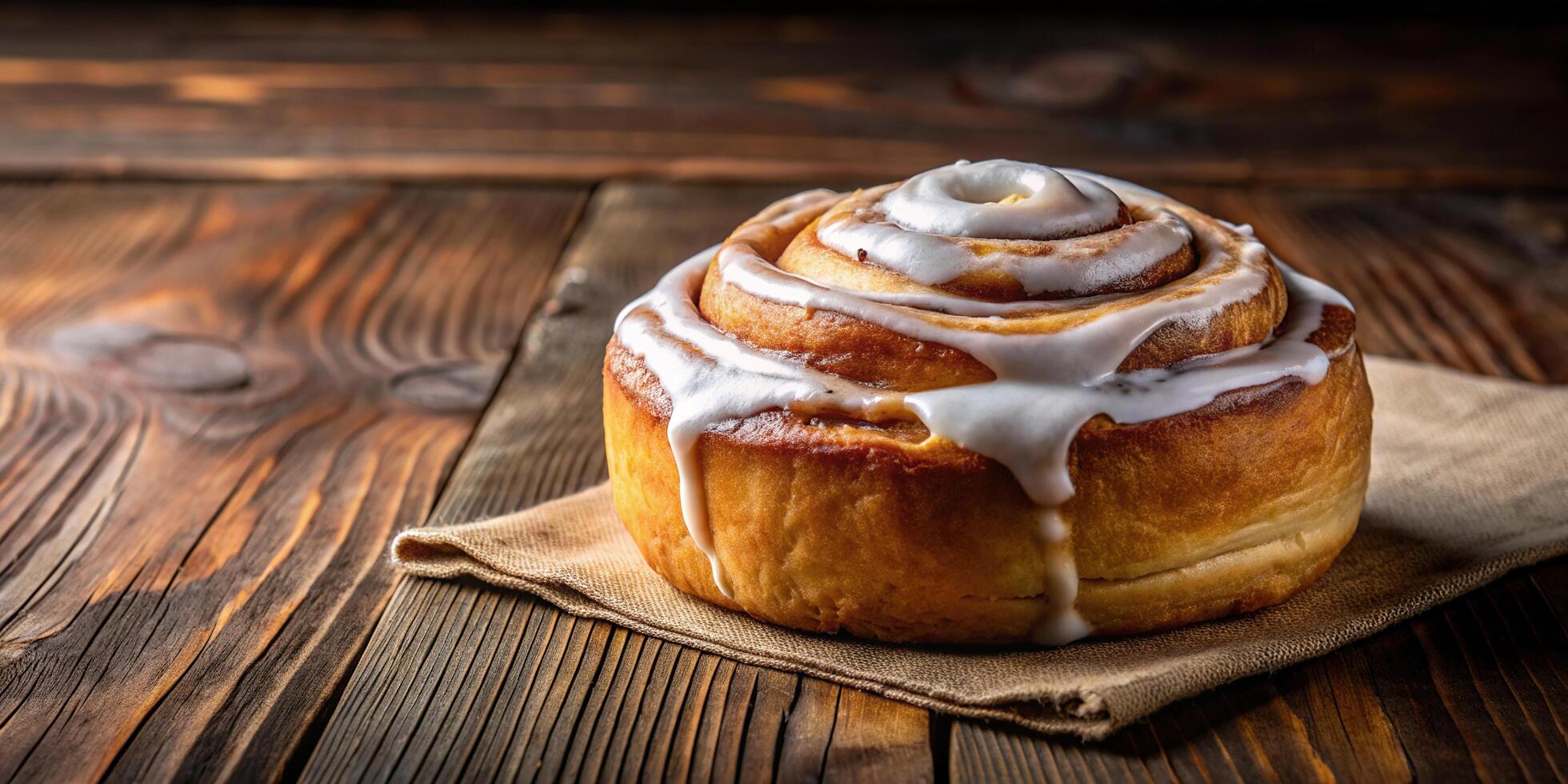 rustic, bakery, tempting, frosted, aroma, A large gourmet frosted cinnamon roll sits temptingly on a rustic brown distressed table showcasing its deliciousness and enticing aroma photo