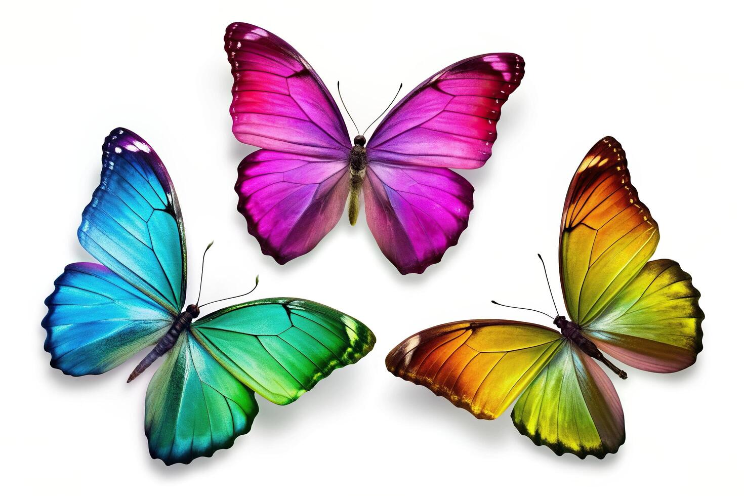 colorful, framed, close-up, Three vibrant and eye catching butterflies in different colors isolated on a clean white background beautifully framed for enhanced visual impact photo