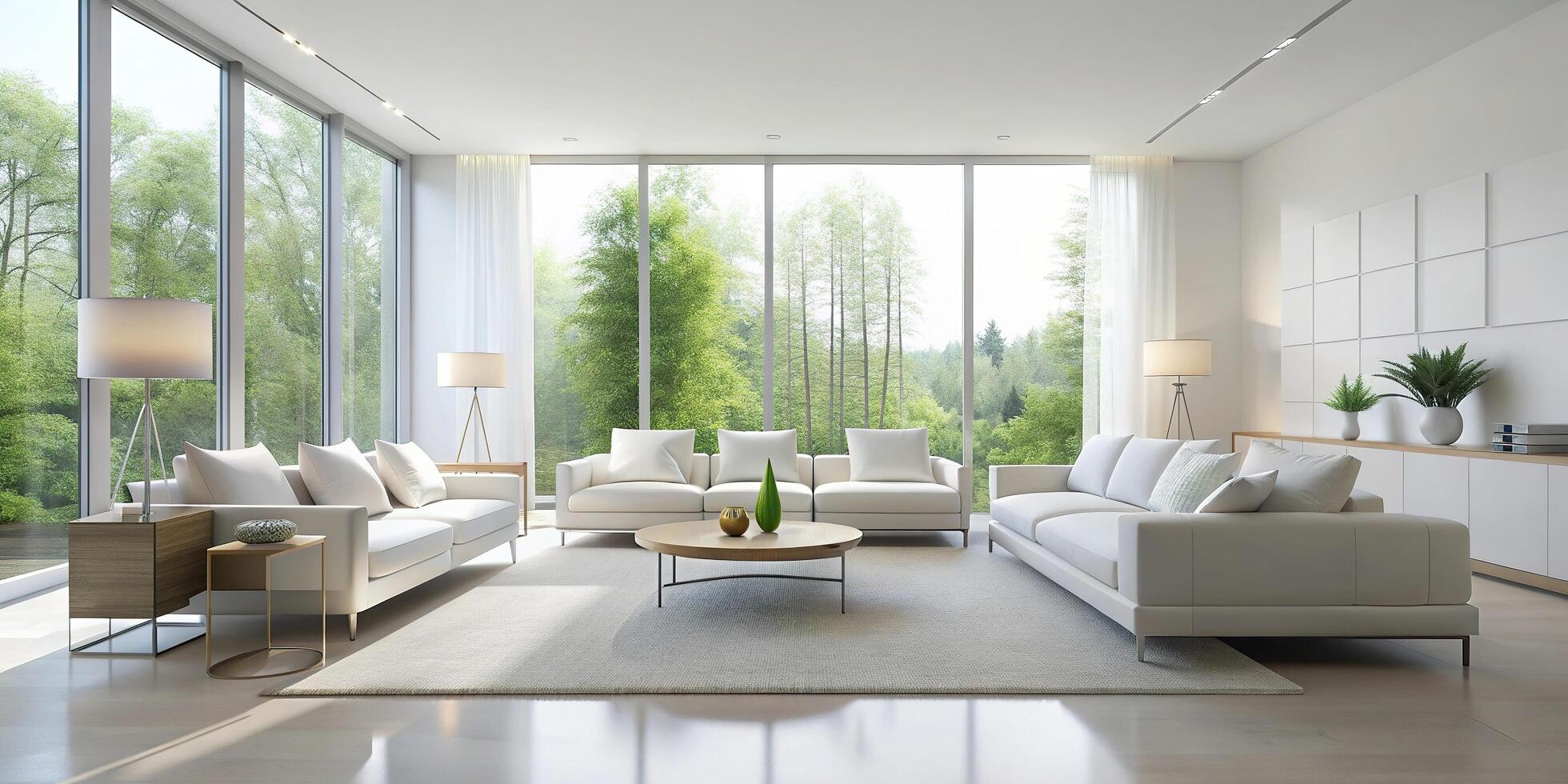 A spacious and serene white living room with minimalist design featuring light colored furniture sleek lines and ample natural light, light-colored, sleek lines, serene, area photo