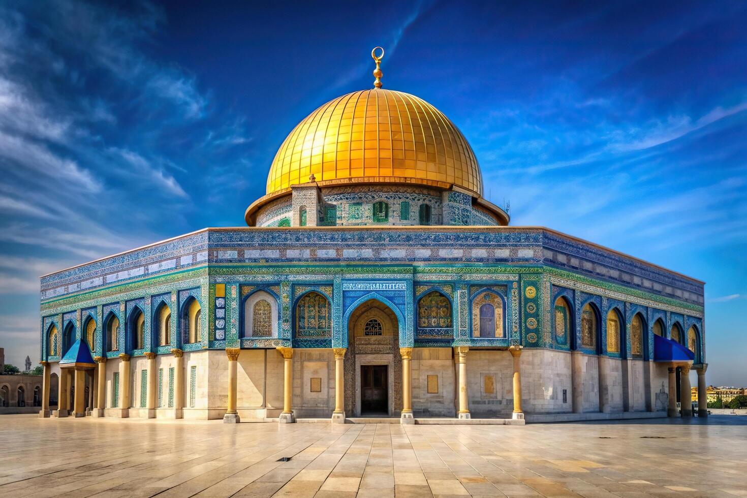 The Dome of the Rock an iconic Islamic shrine on the Temple Mount in Jerusalem captured from a low angle highlighting its stunning architecture and golden dome, blue sky, symbol photo