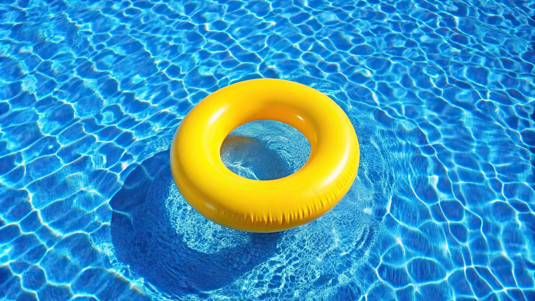 Bright yellow inflatable ring floating in a vibrant blue pool, bird's eye view, sunny, recreation, toy, play, relaxation, vacation, bright yellow, floating, vibrant blue, relaxation, outdoor photo