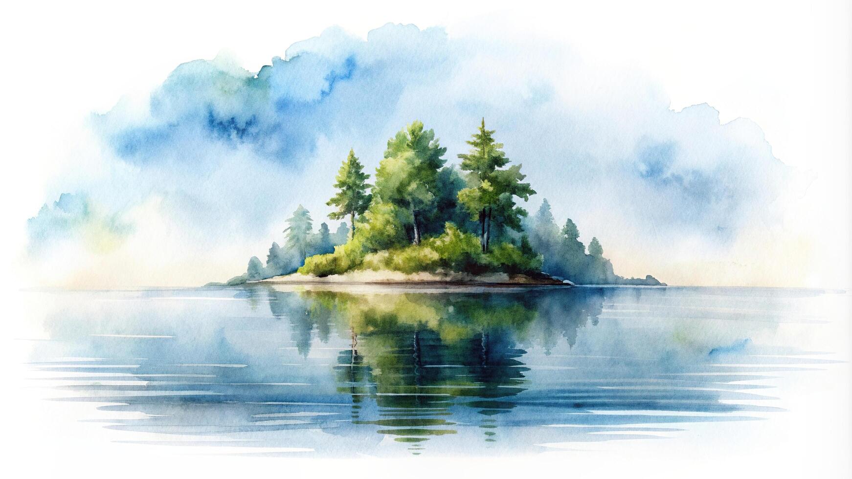 abstract, white, fantasy, dreamlike, peaceful, secluded, isolated, Abstract noetic watercolor painting of an empty island surrounded by calm waters isolated on a white background photo