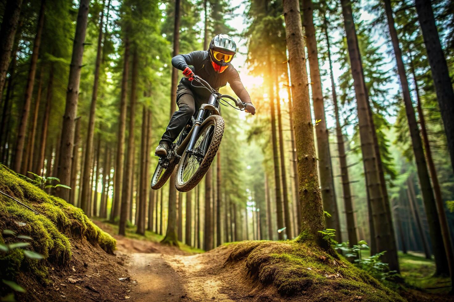 A thrilling shot of a downhill mountain biker racing through a dense forest captured from a low angle perspective, athletic, racing, thrilling, extreme sports, mountain biker, speed photo