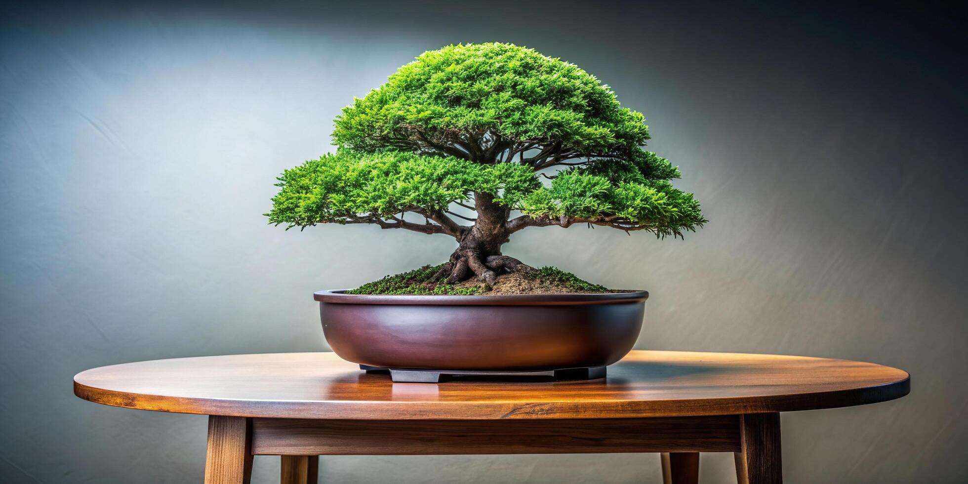 A low angle view of a beautifully crafted Japanese bonsai tree sitting elegantly in a pot on a round table, peaceful, ornamental, miniature,bonsai tree, traditional, foliage, art, pot photo