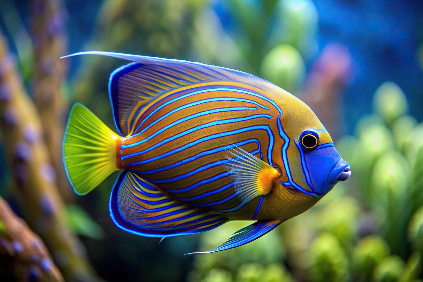 A close up shot of a blue ringed angelfish swimming gracefully against a tranquil nature background shot from a tilted angle, colorful, tilted angle, scales, exotic, fins, vibrant, grace photo